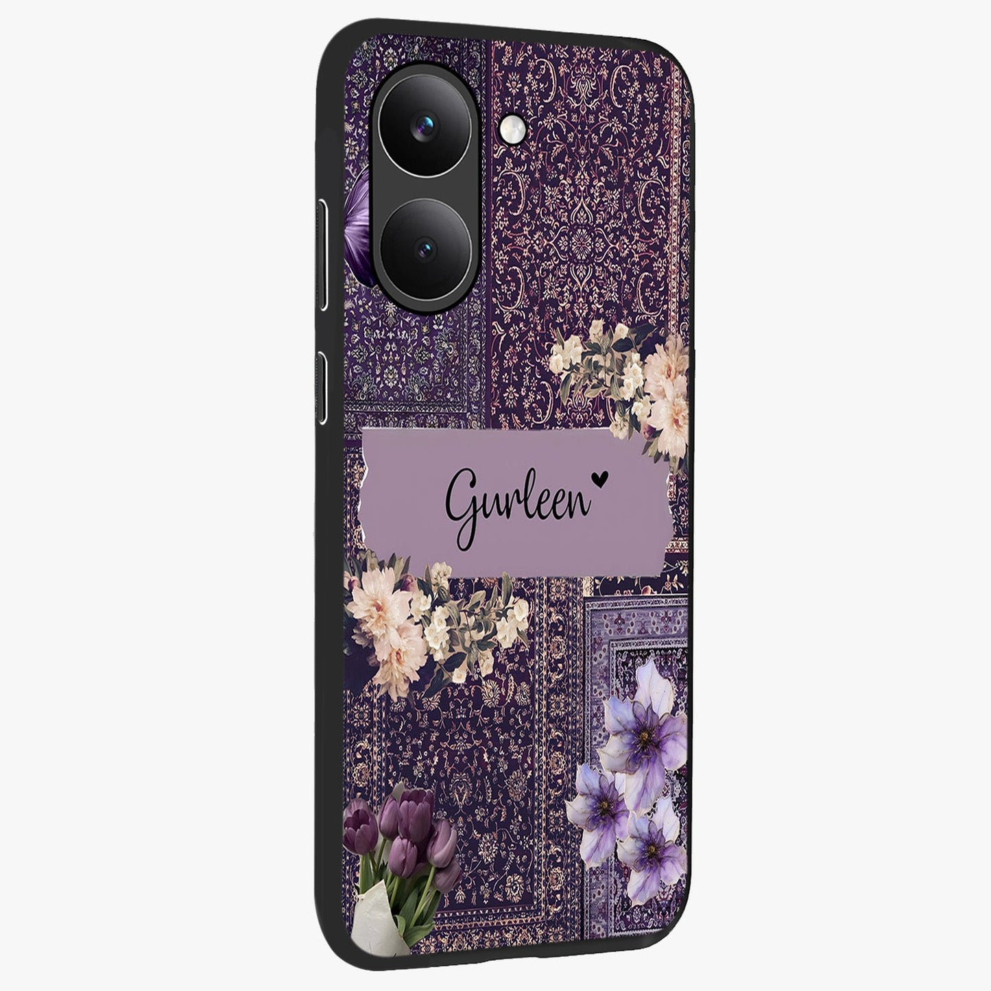 Antique Floral Whisper Custom Name Glass Case upright view showcasing delicate floral artwork with custom name feature.