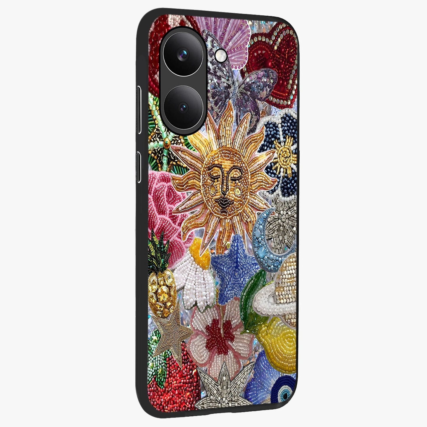Celestial Floral and Playful Glass Case upright view showcasing whimsical floral artwork with cosmic aesthetic theme.