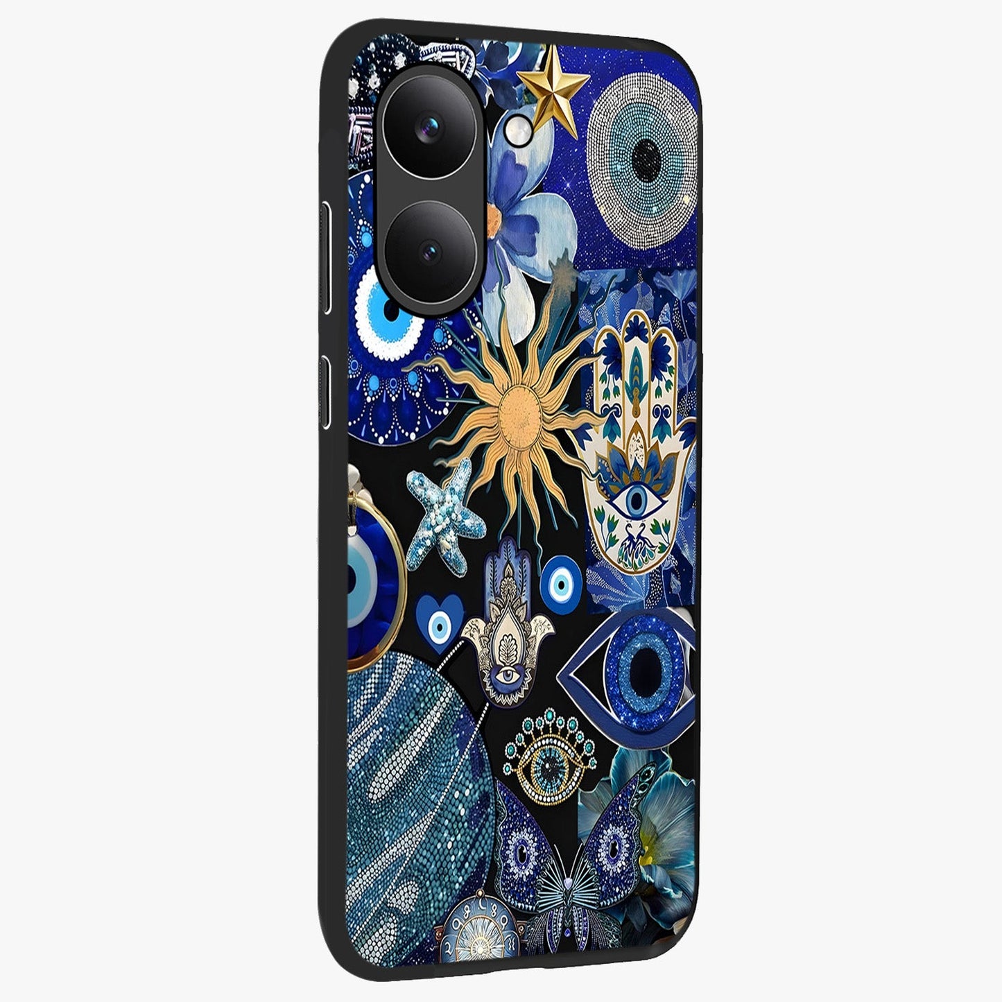 Evil Eye Charm Mix Glass Case upright view showcasing mystical evil eye pattern with vibrant decorative style.