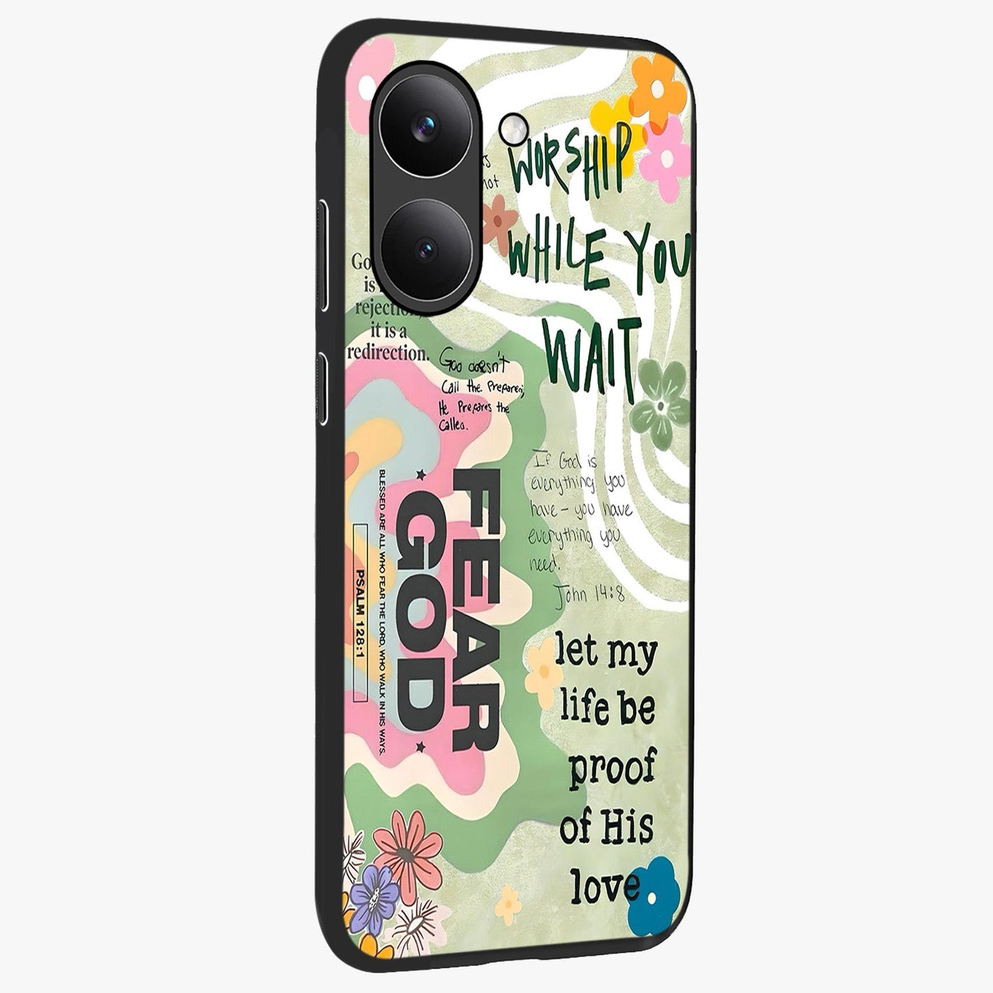 Faith Over Fear Glass Case upright view showcasing bold typography artwork with uplifting motivational theme.