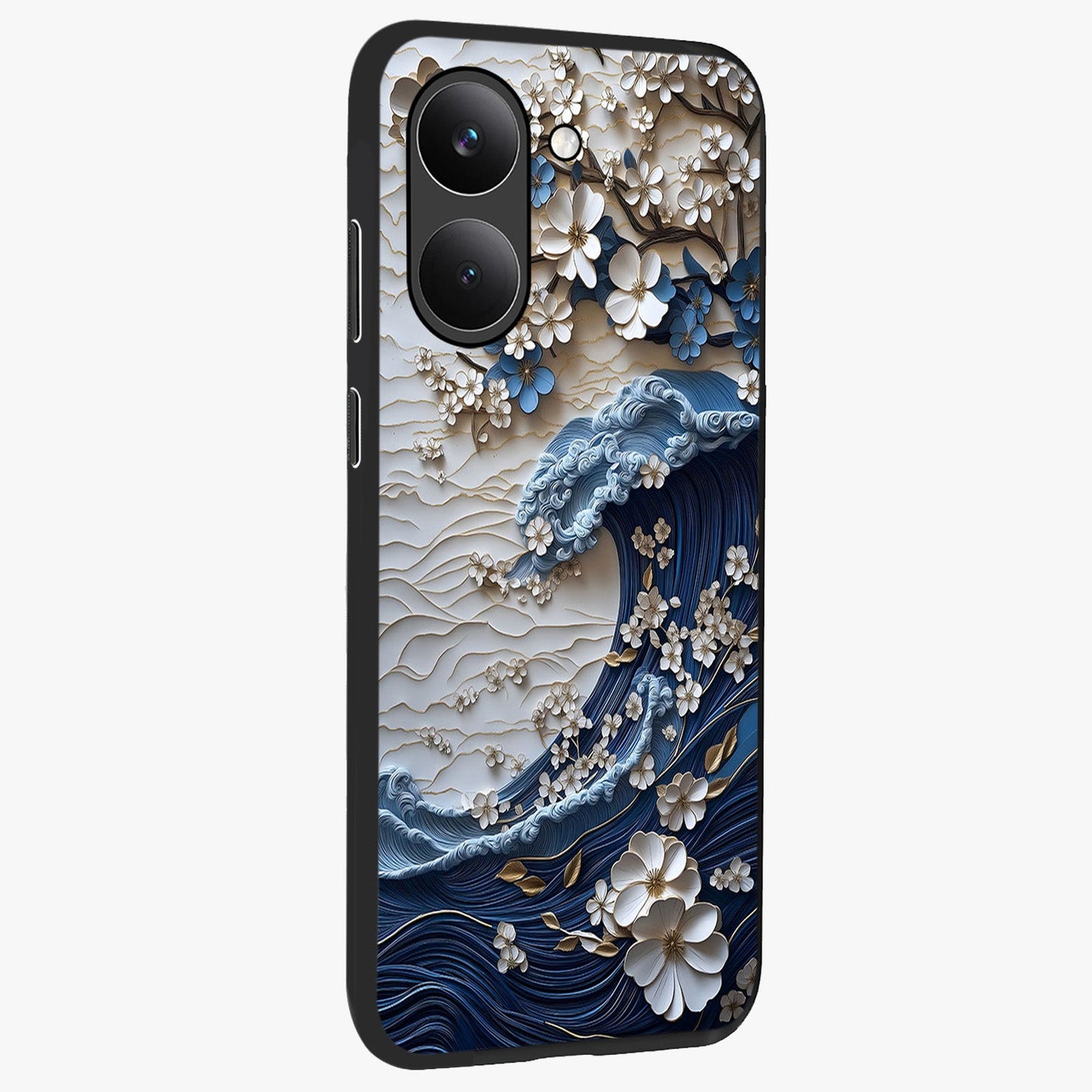 Floral Wave Origami Glass Case upright view showcasing creative floral origami artwork with artistic decorative theme.