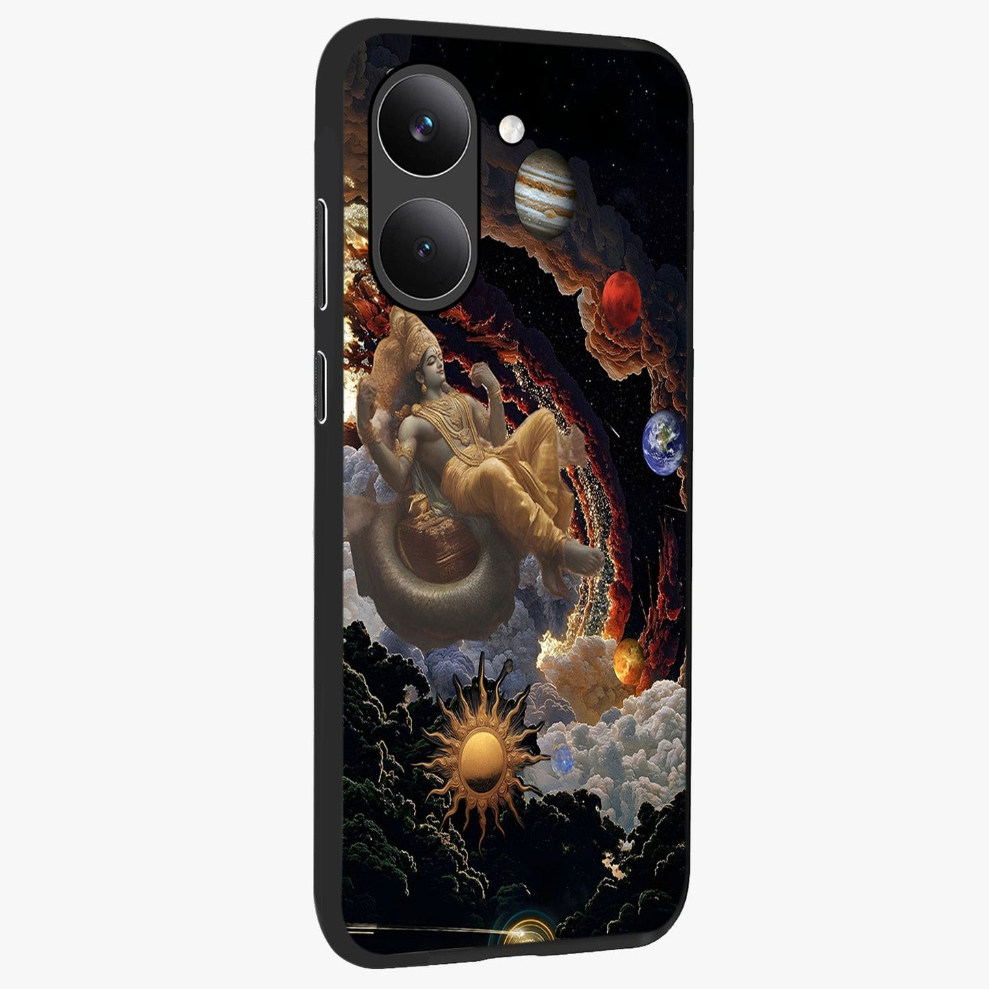 Galactic Divine God Glass Case upright view showcasing mystical divine artwork with dramatic cosmic theme.