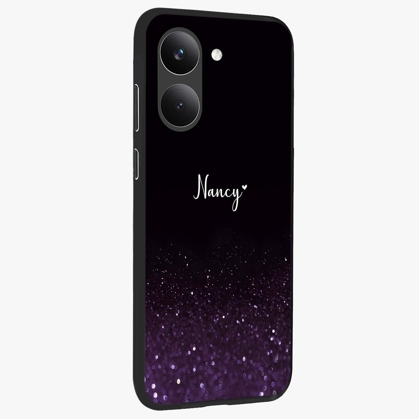 Glittery Purple Bokeh Custom Name Glass Case upright view showcasing vibrant purple sparkle artwork with personalized aesthetic style.
