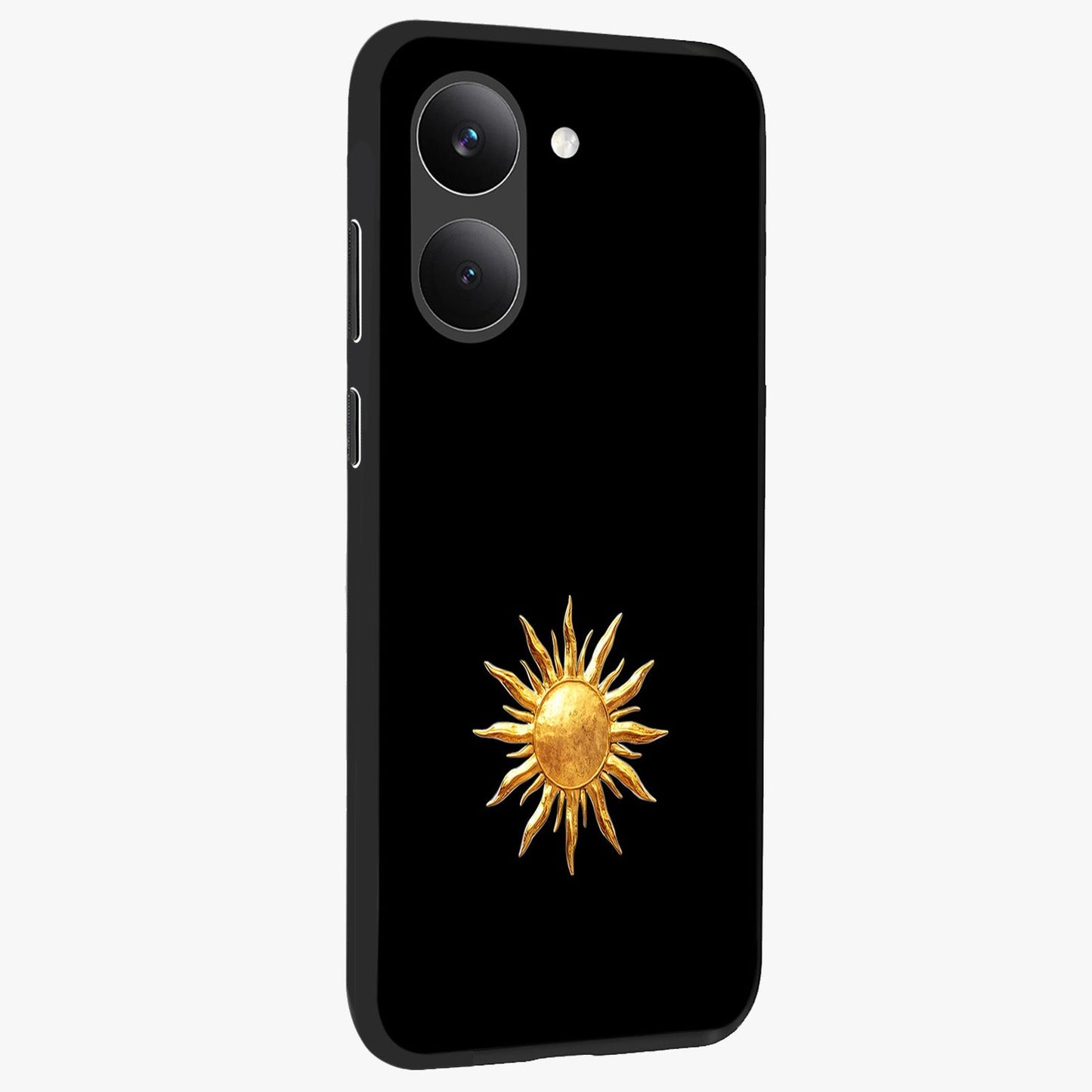 Golden Sun Minimalism Glass Case upright view showcasing haunting graveyard artwork with dramatic dark theme.