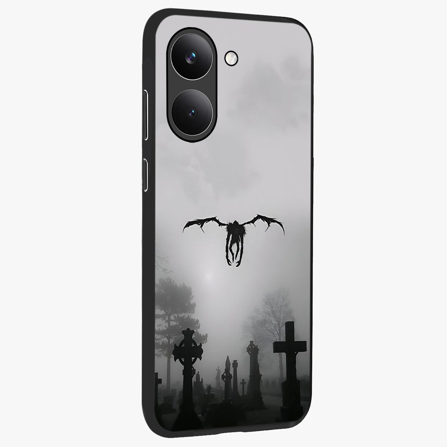 Graveyard Shadow Descent Glass Case upright view showcasing haunting graveyard artwork with dramatic dark theme.