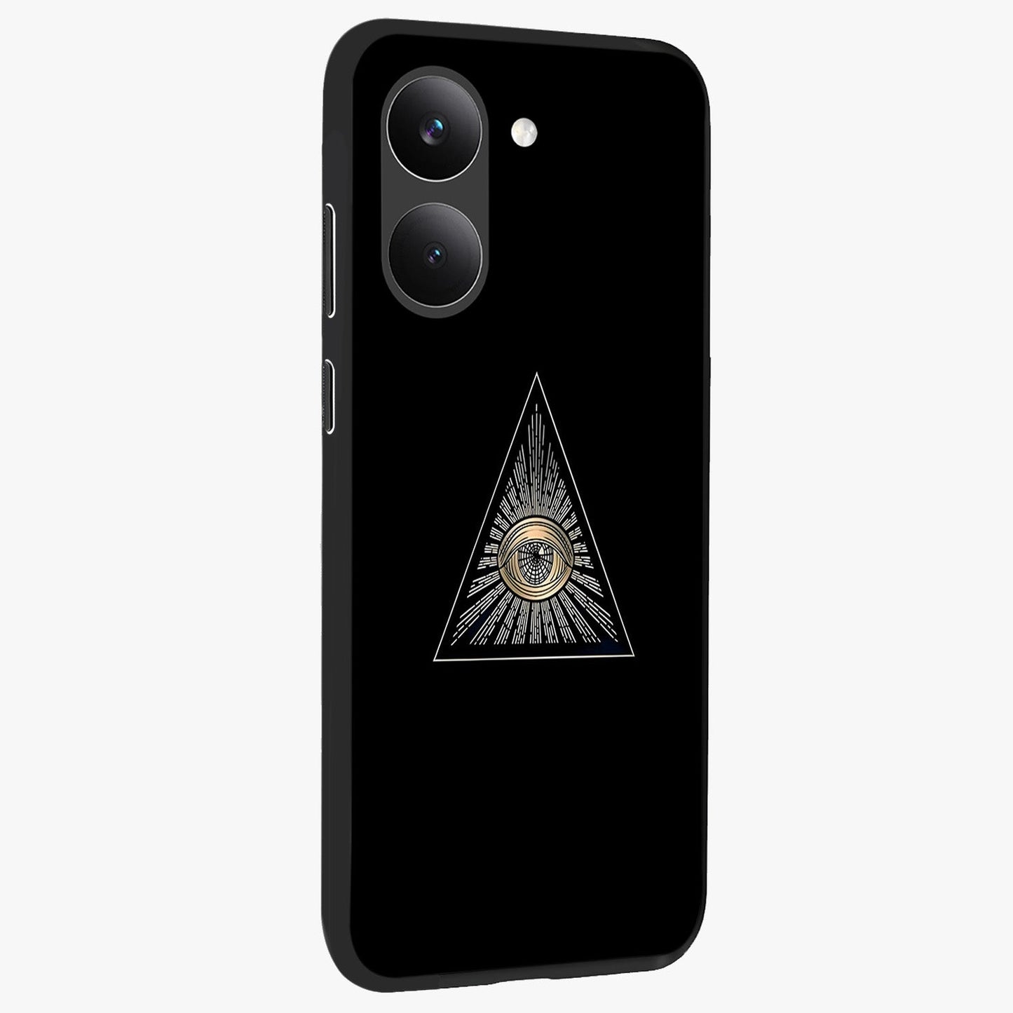 Illuminati Evil Glass Case upright view showcasing striking illuminati artwork with mysterious symbolic theme.