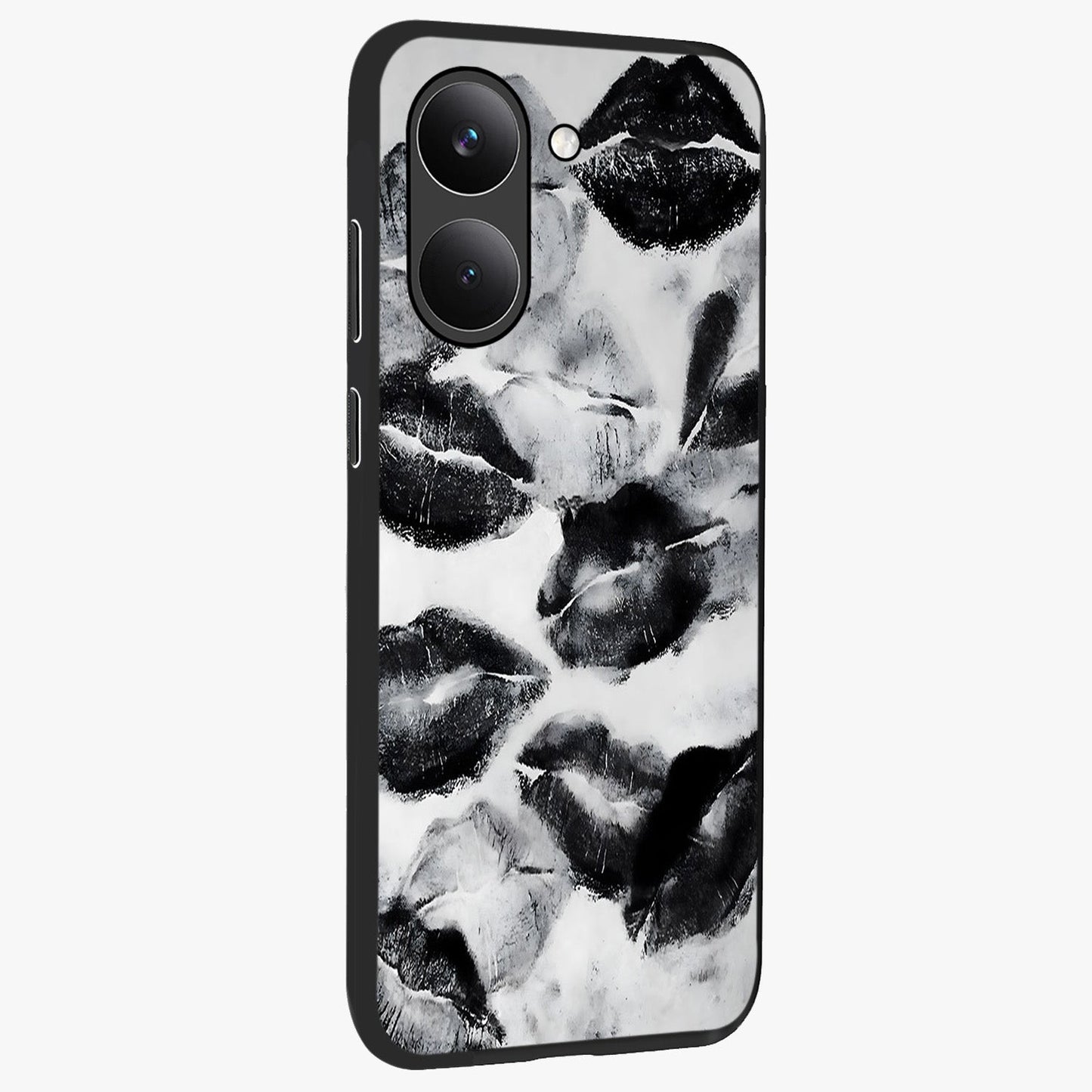 Midnight Kiss Marks Glass Case upright view showcasing stylish kiss mark artwork with trendy romantic theme.