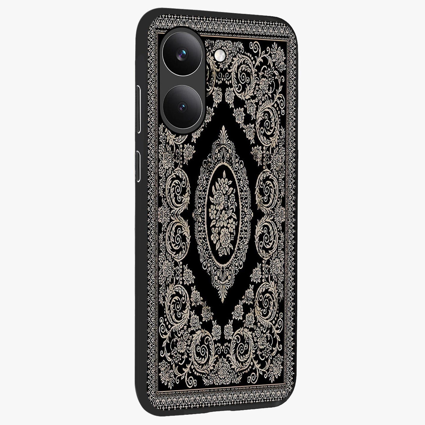 Noir Bloom Elegance Glass Case upright view showcasing graceful floral artwork with luxurious dark theme.