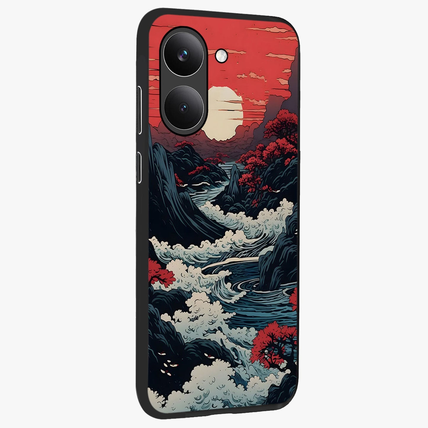 Red Sunset Scenery Glass Case upright view showcasing dramatic sunset scenery artwork with warm nature theme.