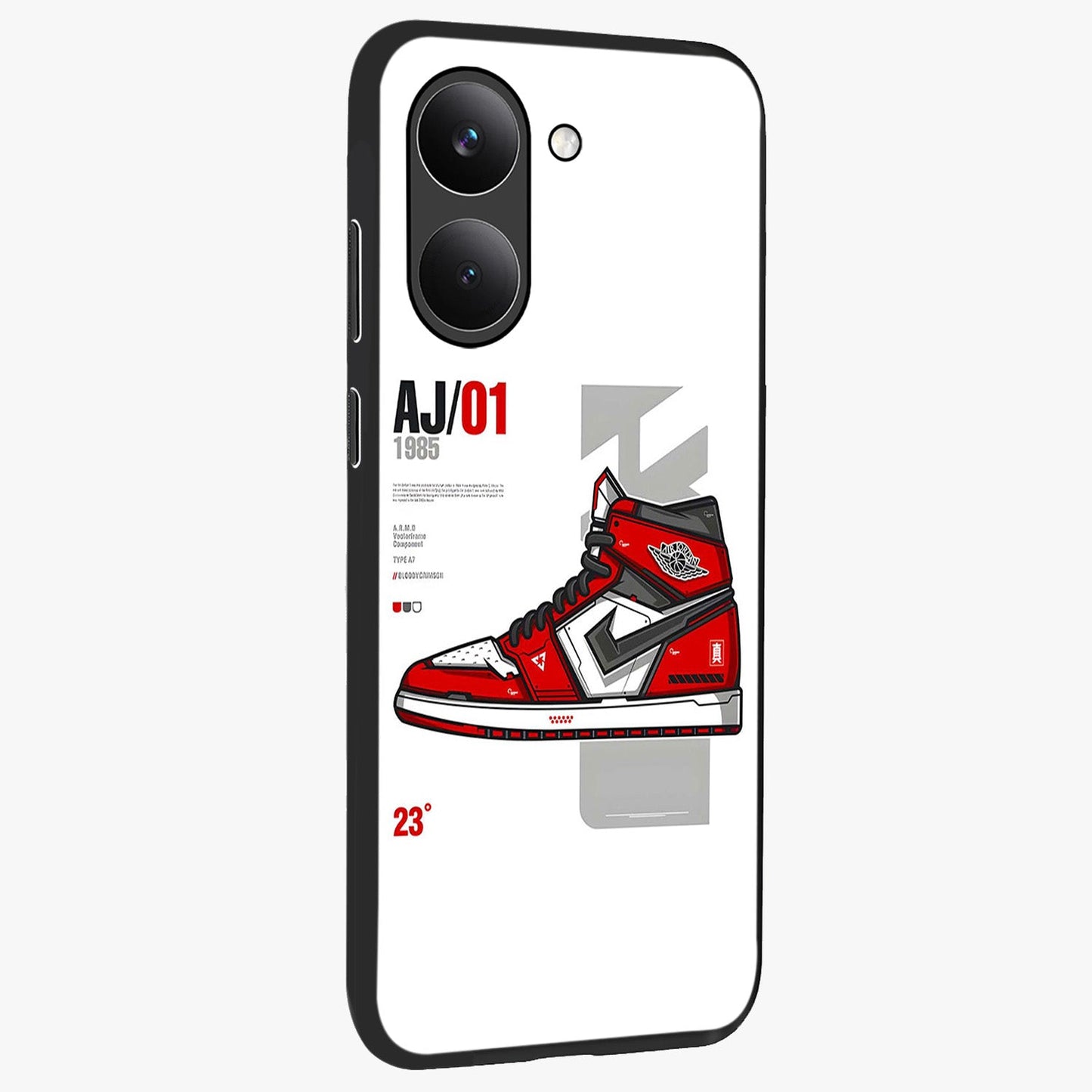 Retro Sneaker Blueprint Glass Case upright view showcasing stylish sneaker illustration with vintage streetwear theme.