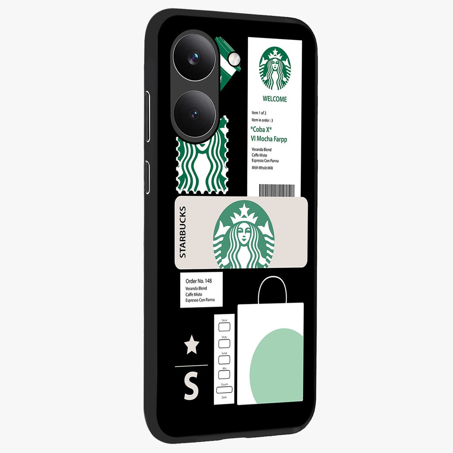 Starbucks Mocha Glass Case upright view showcasing trendy coffee inspired artwork with modern lifestyle theme.