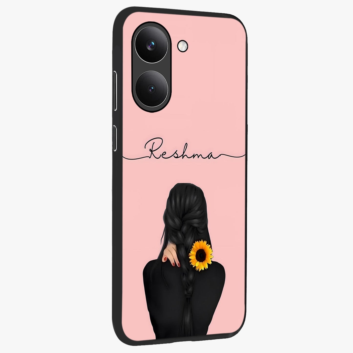 Sunflower Braid Beauty With Custom Name Glass Case upright view showcasing bright sunflower artwork with personalized floral aesthetic.