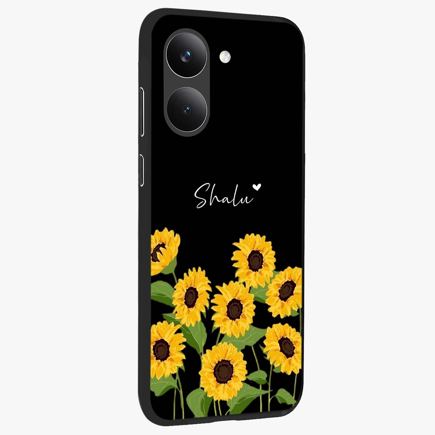 Sunflower Chic Mood Custom Name Glass Case upright view showcasing cheerful sunflower artwork with trendy floral theme.