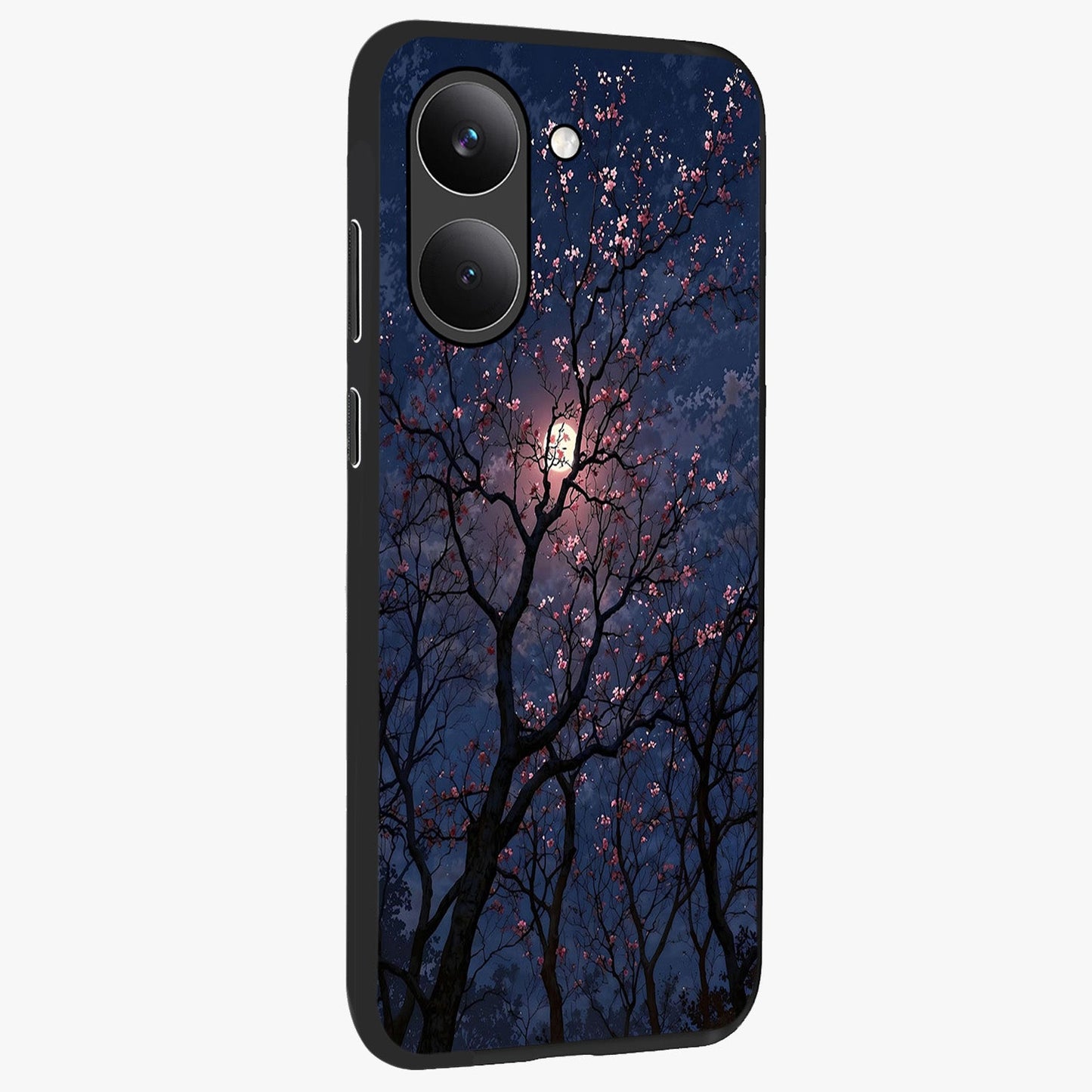 Twilight Sakura Serenade Glass Case upright view showcasing beautiful cherry blossom artwork with serene evening theme.