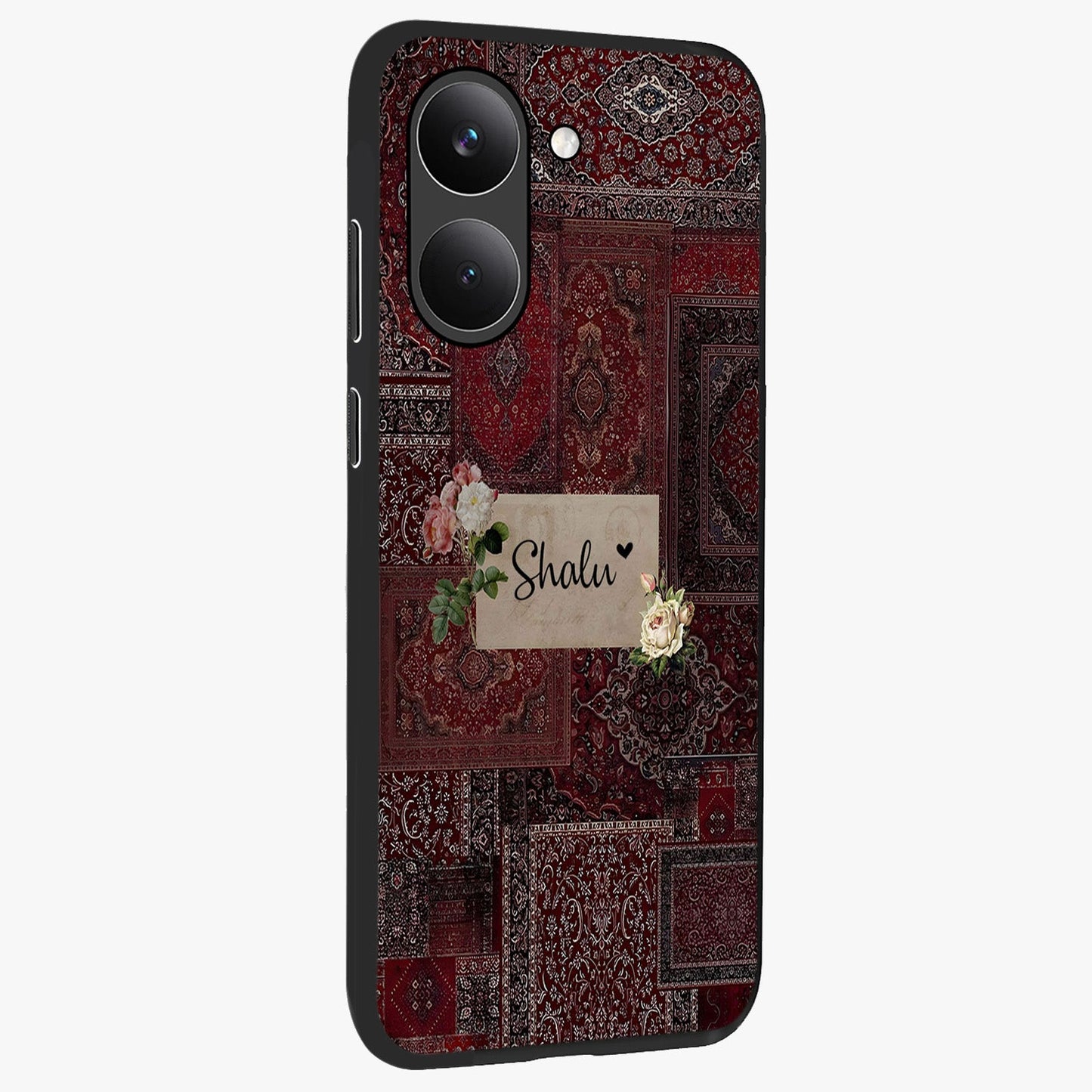 Velvet Wine Pattern Custom Name Glass Case upright view showcasing luxurious wine toned artwork with personalized aesthetic.
