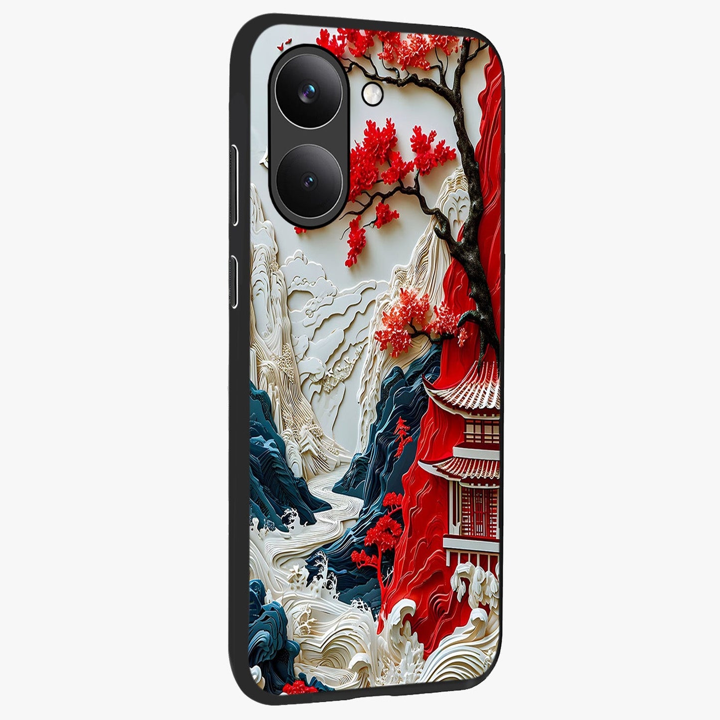 Whispers Of Sakura Waves Glass Case upright view showcasing delicate cherry blossom artwork with elegant nature theme.