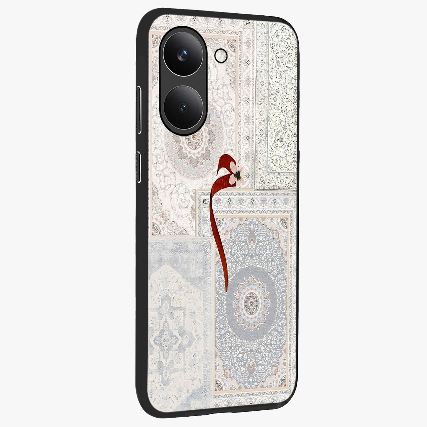 White Aesthetic Bow Glass Case upright view showcasing delicate ribbon bow artwork with cute minimalist theme.