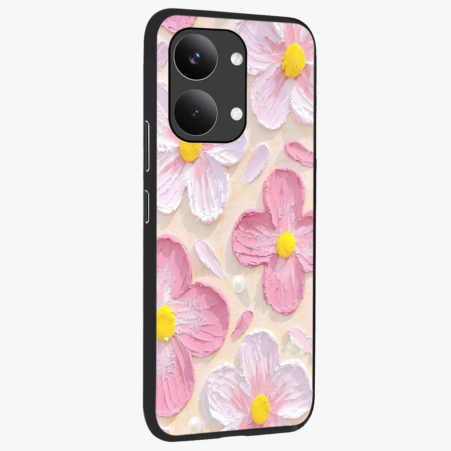 Blush Bloom Texture Glass Case upright view showcasing delicate blush floral texture with modern minimal style.