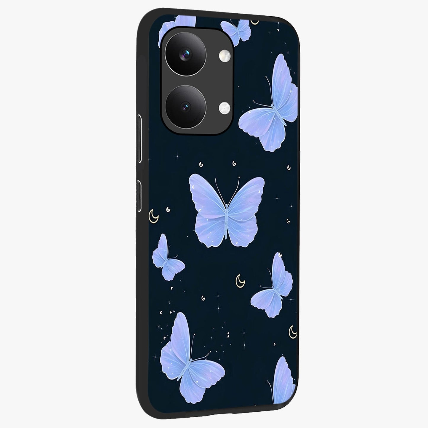 Butterfly With Stars Pattern Glass Case upright view showcasing celestial butterfly artwork with sparkling star elements.