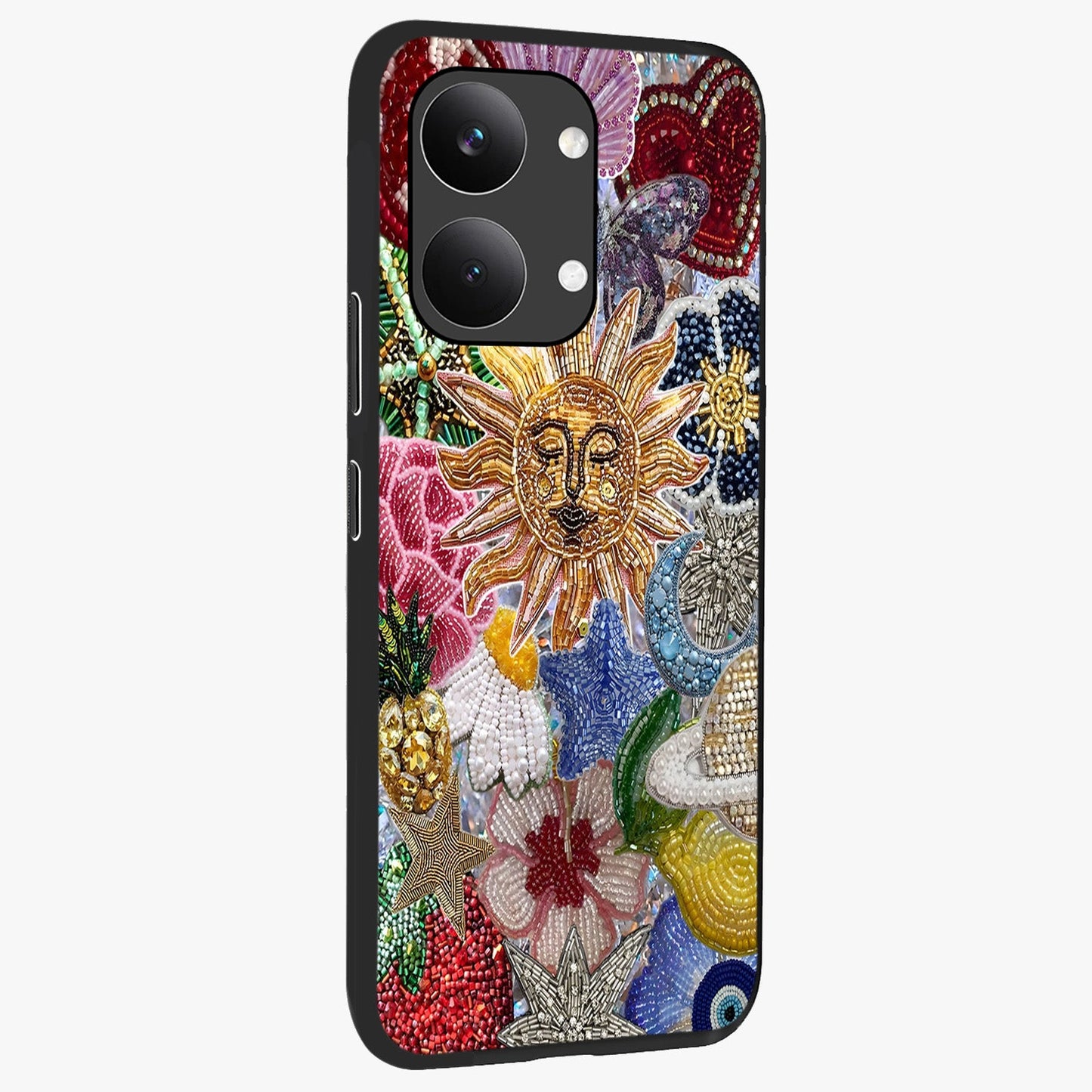 Celestial Floral and Playful Glass Case upright view showcasing whimsical floral artwork with cosmic aesthetic theme.