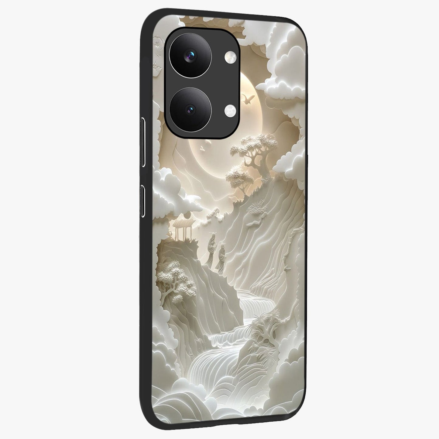 Celestial Origami Glass Case upright view showcasing creative origami artwork with modern celestial style.