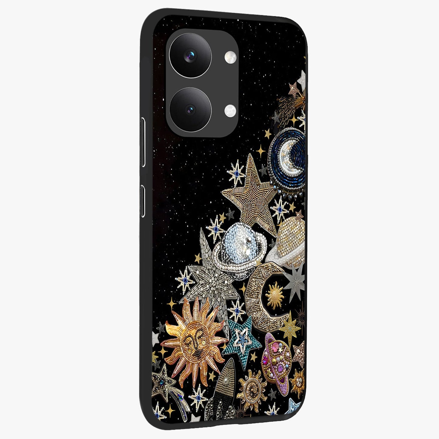 Cosmic Sparkle Dreams Glass Case upright view showcasing glowing cosmic artwork with magical galaxy theme.