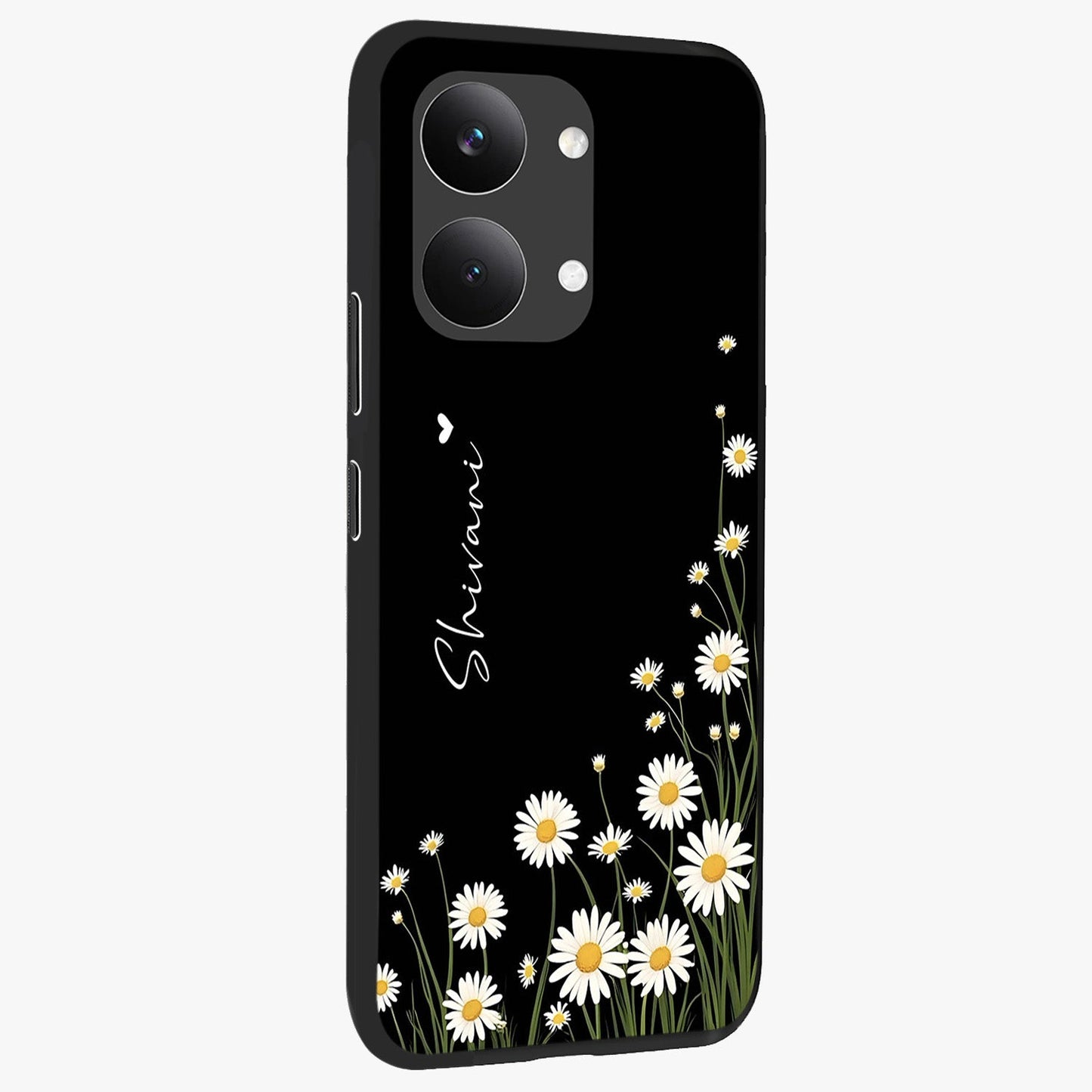 Daisy Cascade Custom Name Glass Case upright view showcasing elegant floral cascade design with personalized aesthetic.