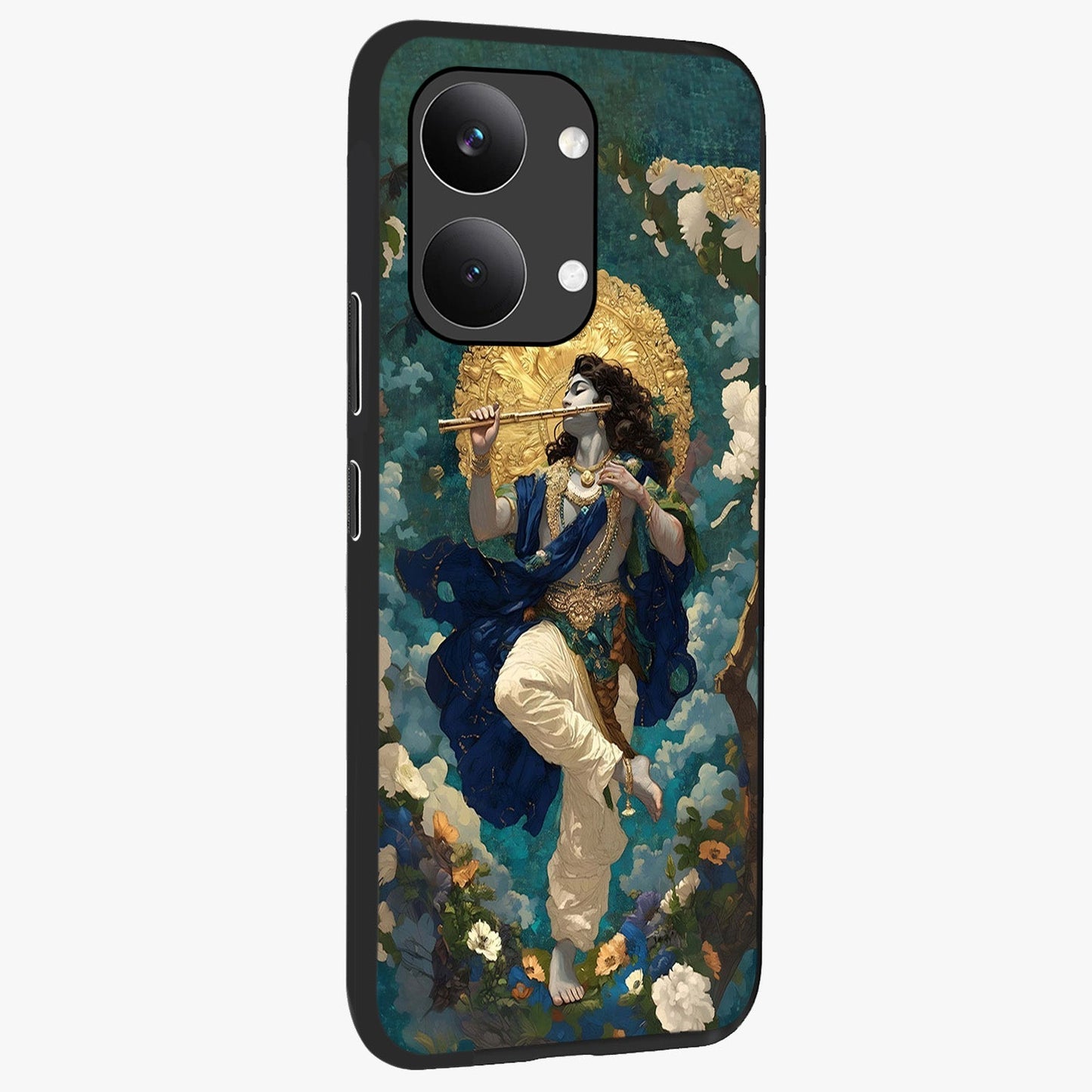 Divine Krishna Art Glass Case upright view showcasing divine Krishna artwork with sacred artistic theme.