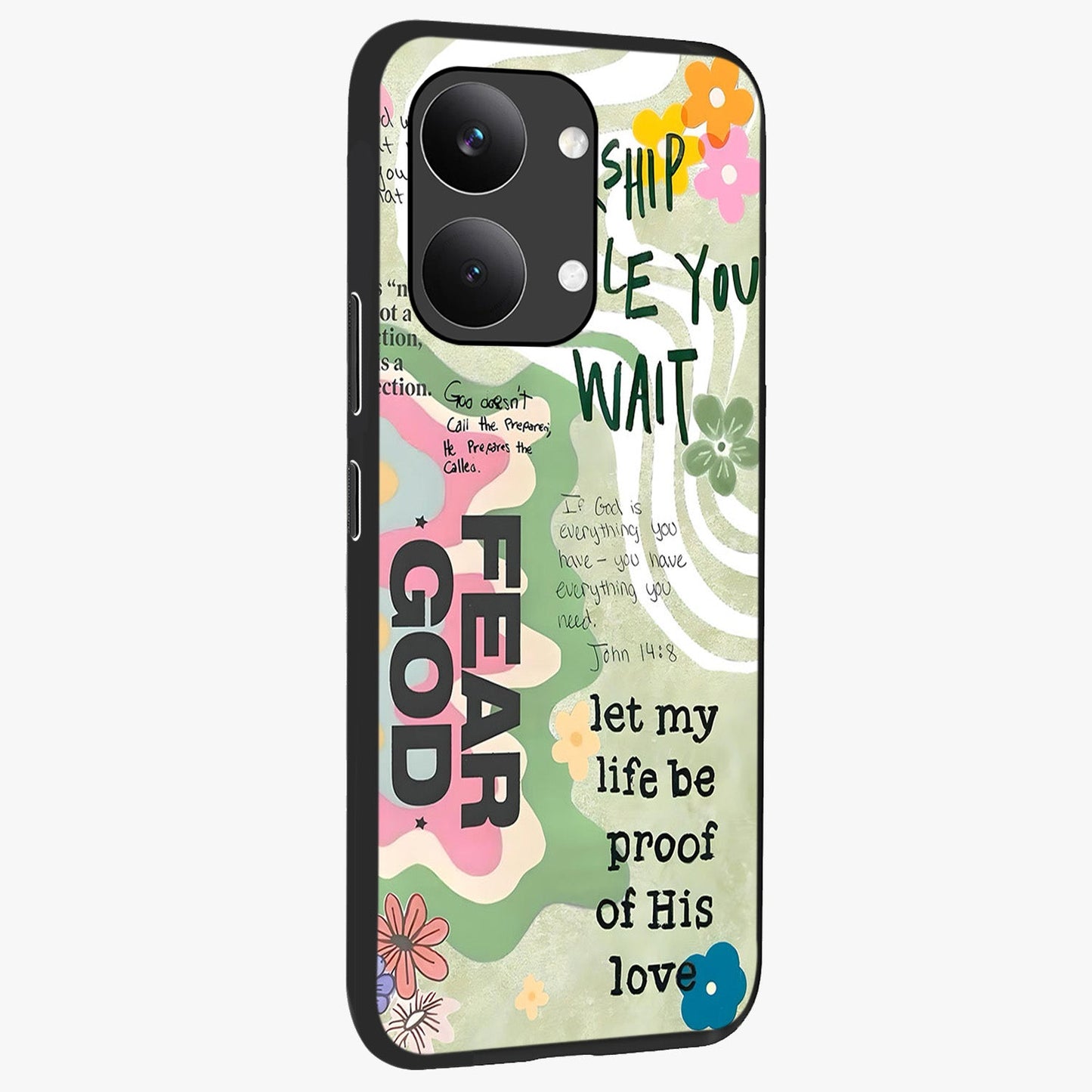 Faith Over Fear Glass Case upright view showcasing bold typography artwork with uplifting motivational theme.