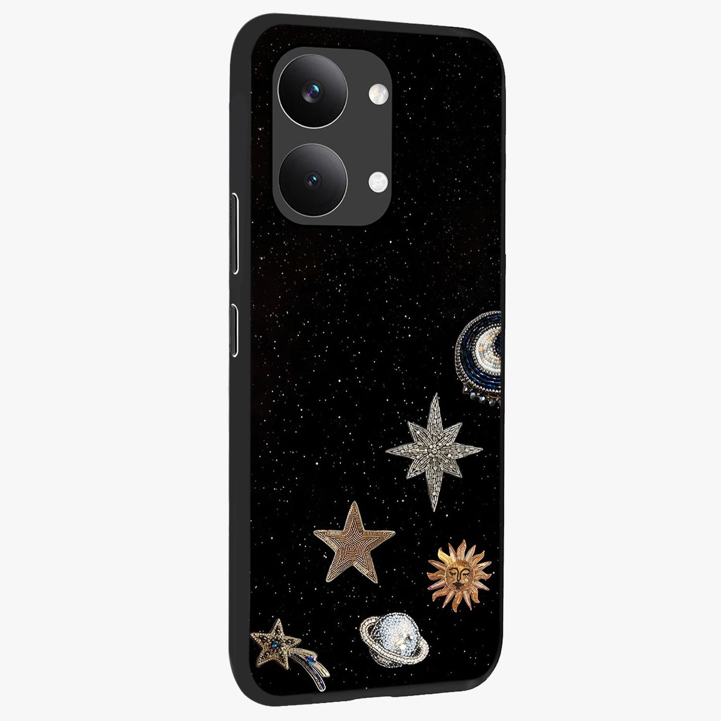 Galactic Charm Glow Glass Case upright view showcasing glowing cosmic charm artwork with magical celestial style.