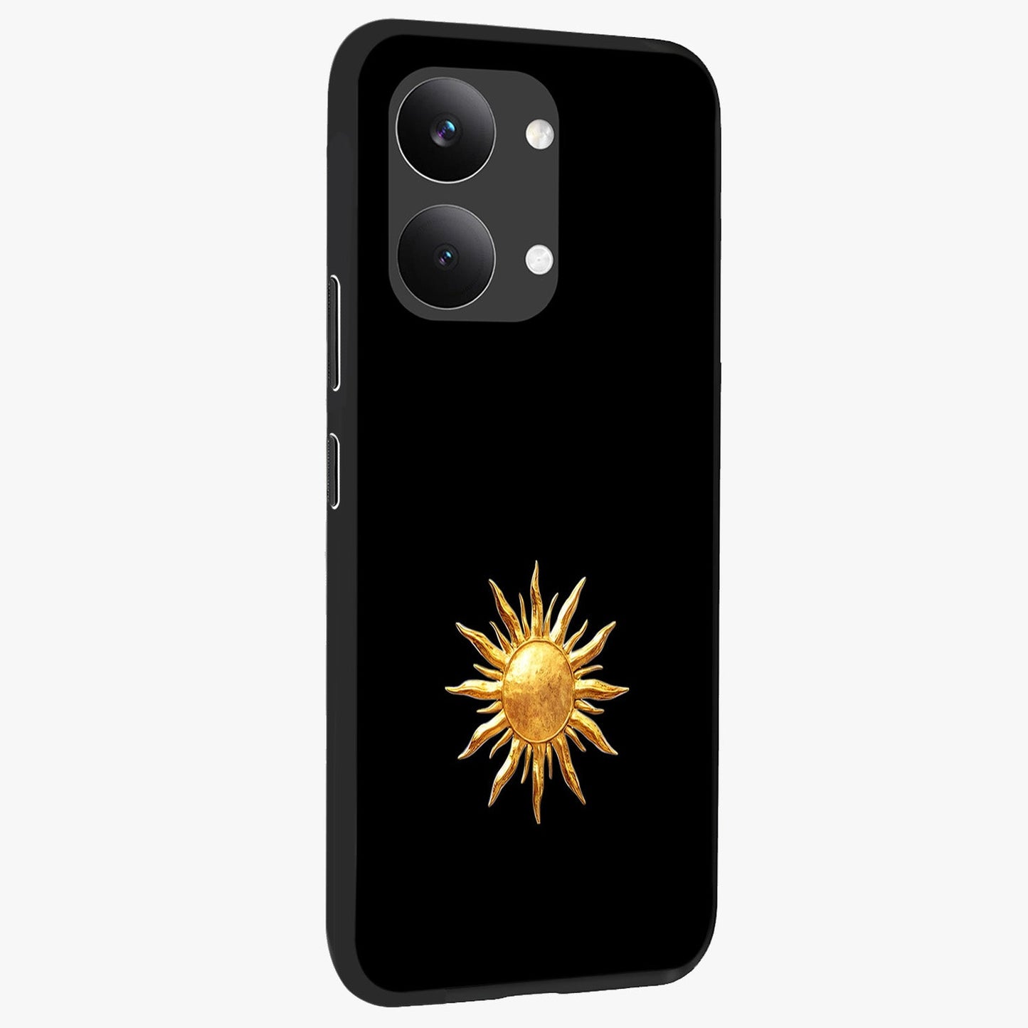 Golden Sun Minimalism Glass Case upright view showcasing haunting graveyard artwork with dramatic dark theme.