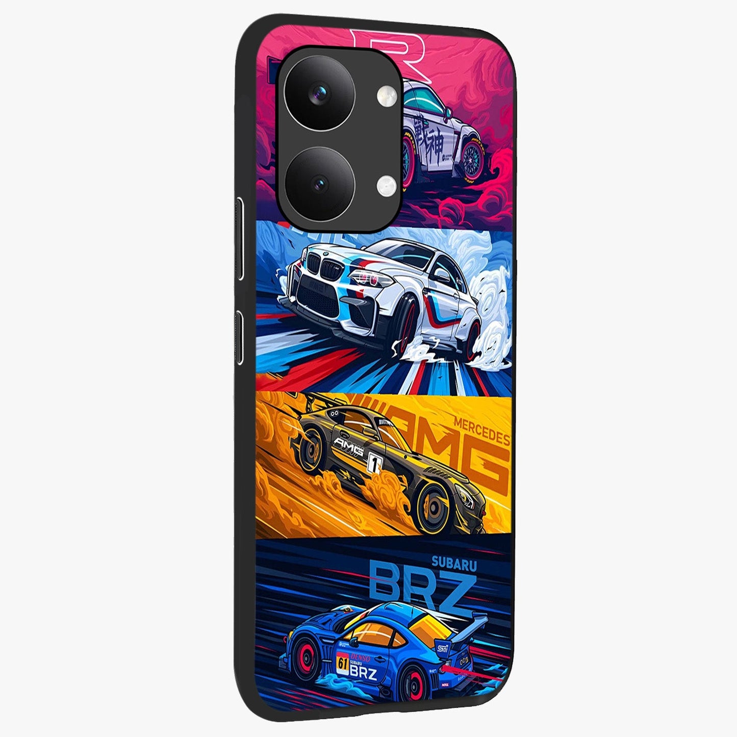 JDM Sports Car Glass Case upright view showcasing dynamic sports car artwork with bold racing theme.