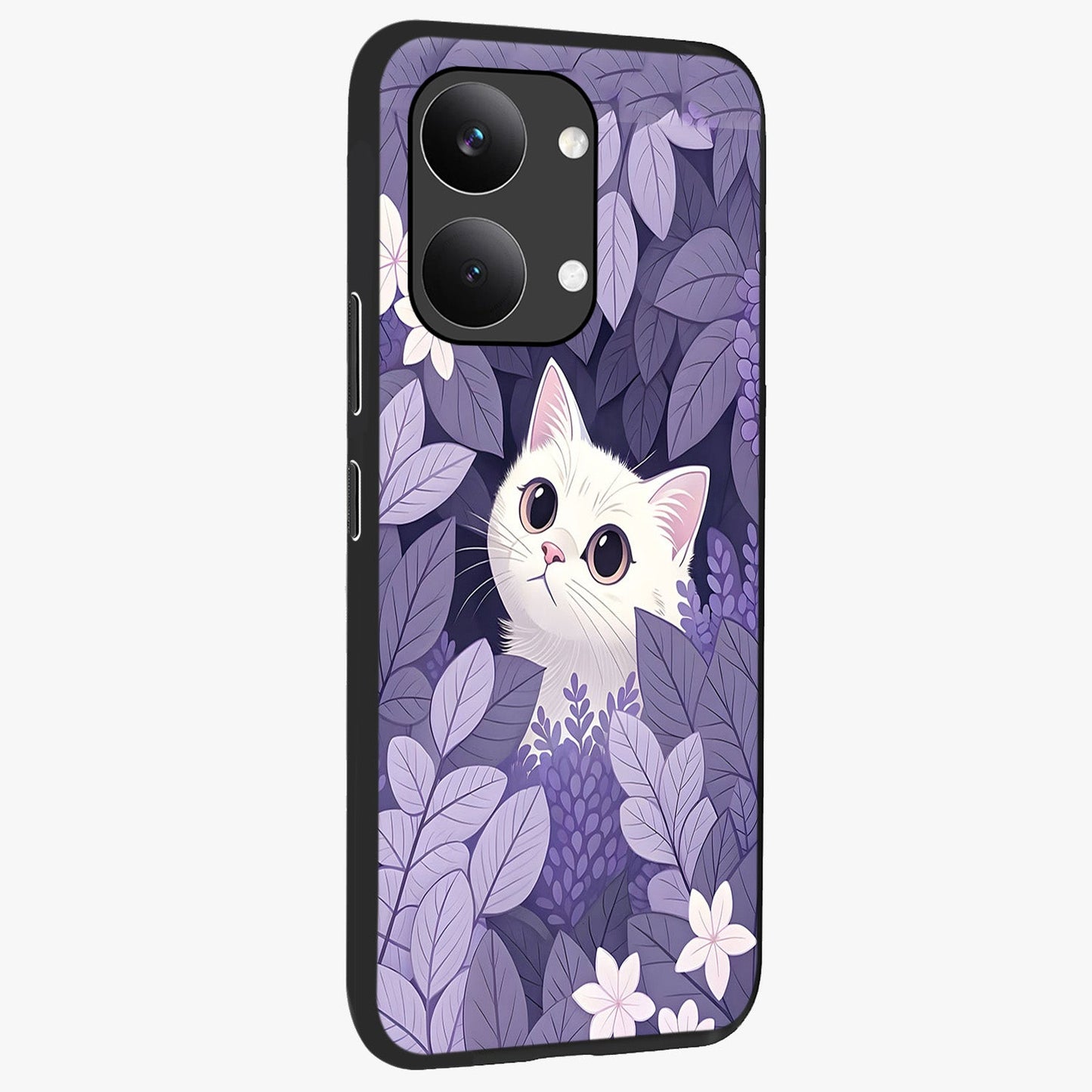 Lilac Hide Peek Cat Glass Case upright view showcasing charming cat artwork with adorable peek theme.