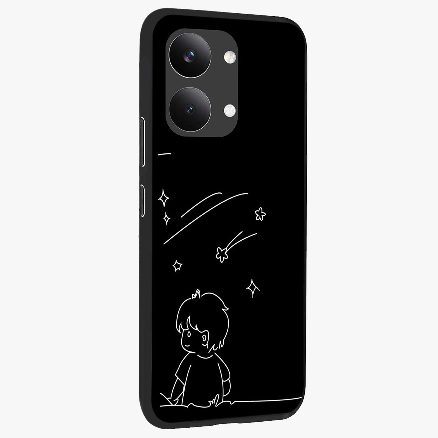 Line Art Boy With Shooting Stars Glass Case upright view showcasing artistic shooting star illustration with minimal style.