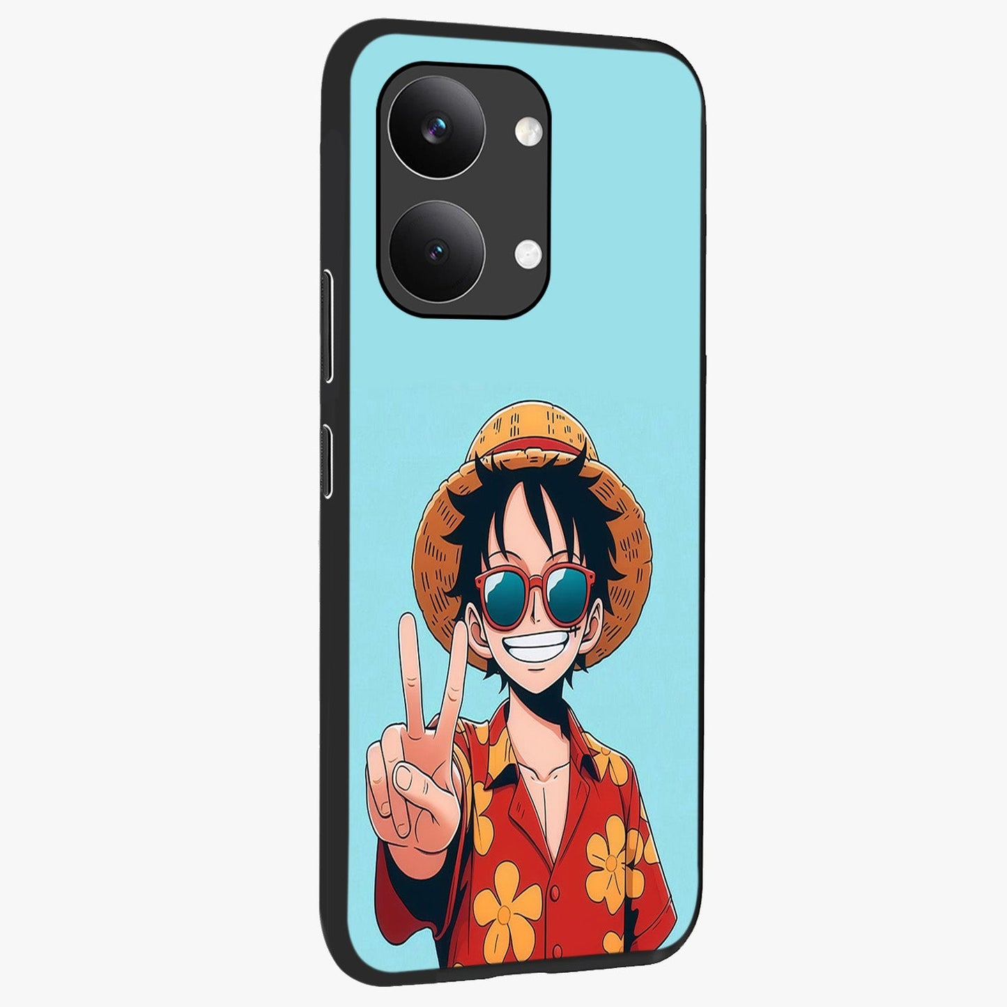 Luffy Summer Anime Vibe Glass Case upright view showcasing dynamic anime artwork with bright adventurous theme.