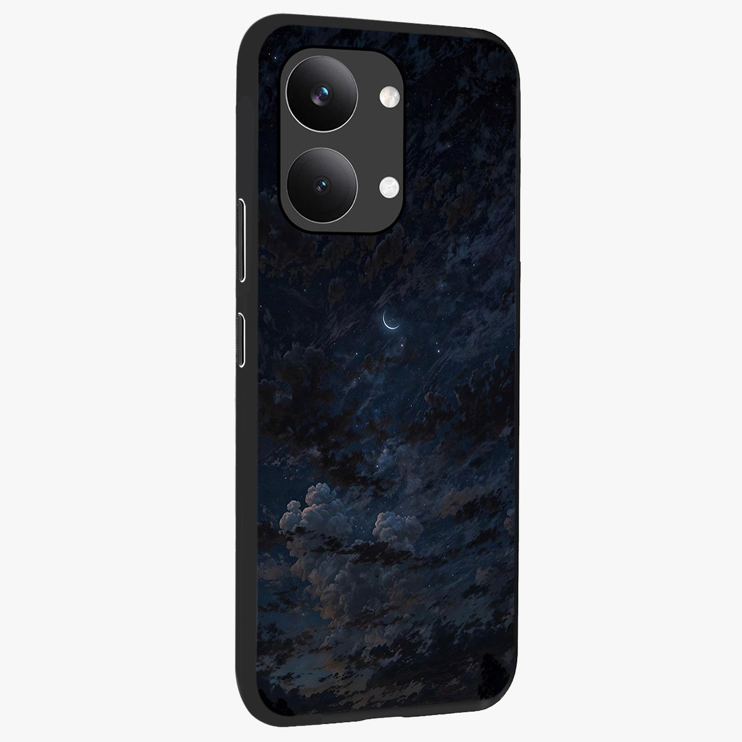 Lunar Veil Silence Glass Case upright view showcasing calm moon themed artwork with serene night atmosphere.