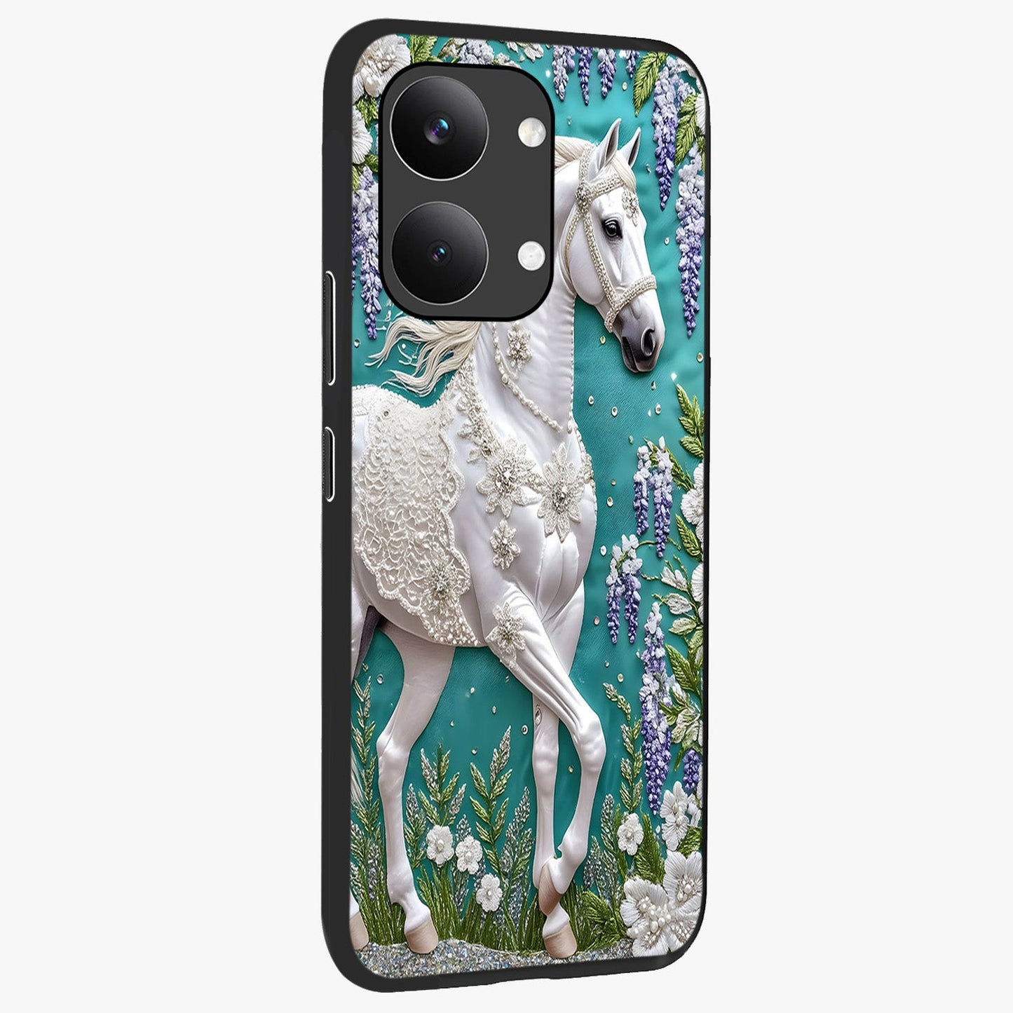 Majestic Floral Stallion Glass Case upright view showcasing dramatic horse artwork with decorative floral theme.