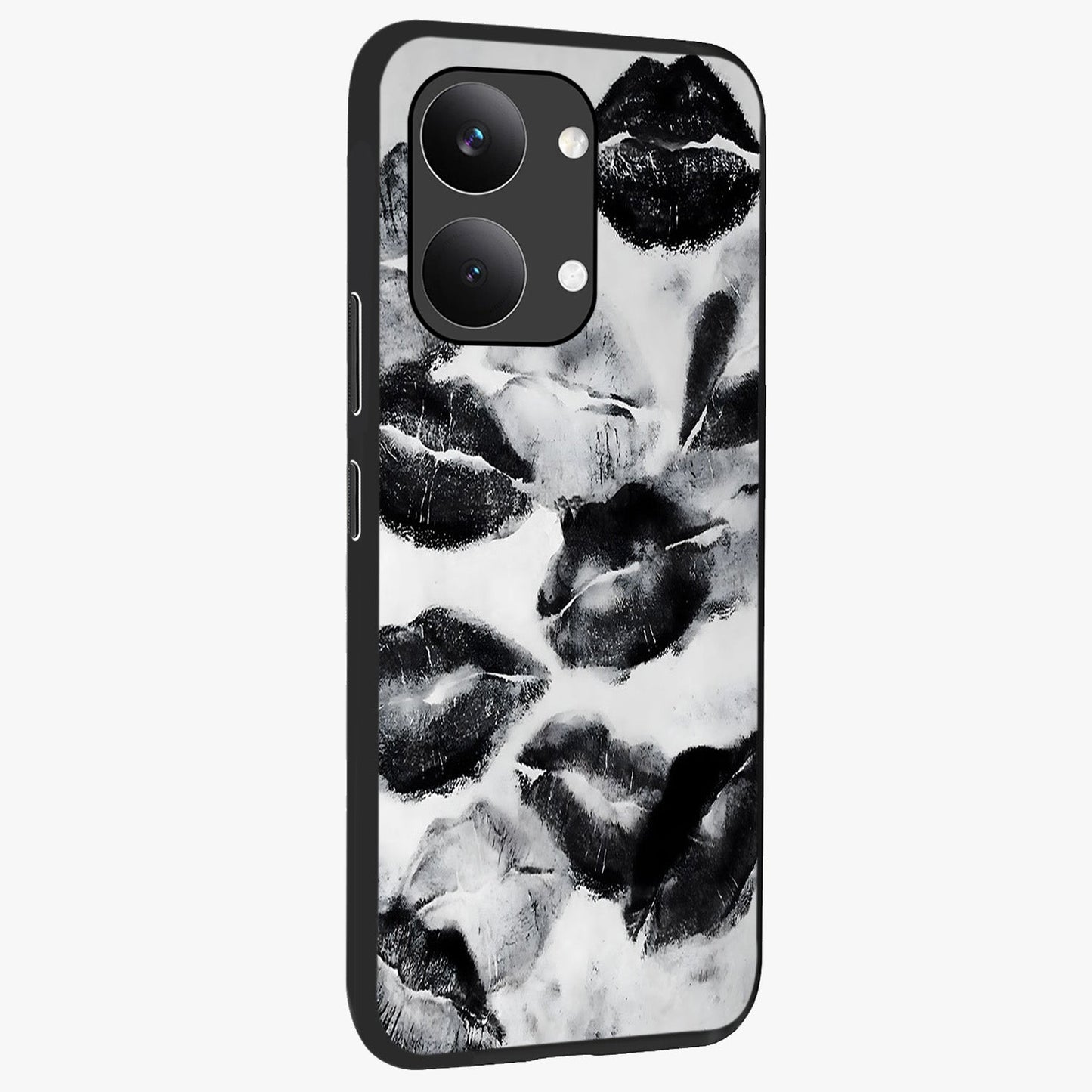 Midnight Kiss Marks Glass Case upright view showcasing stylish kiss mark artwork with trendy romantic theme.