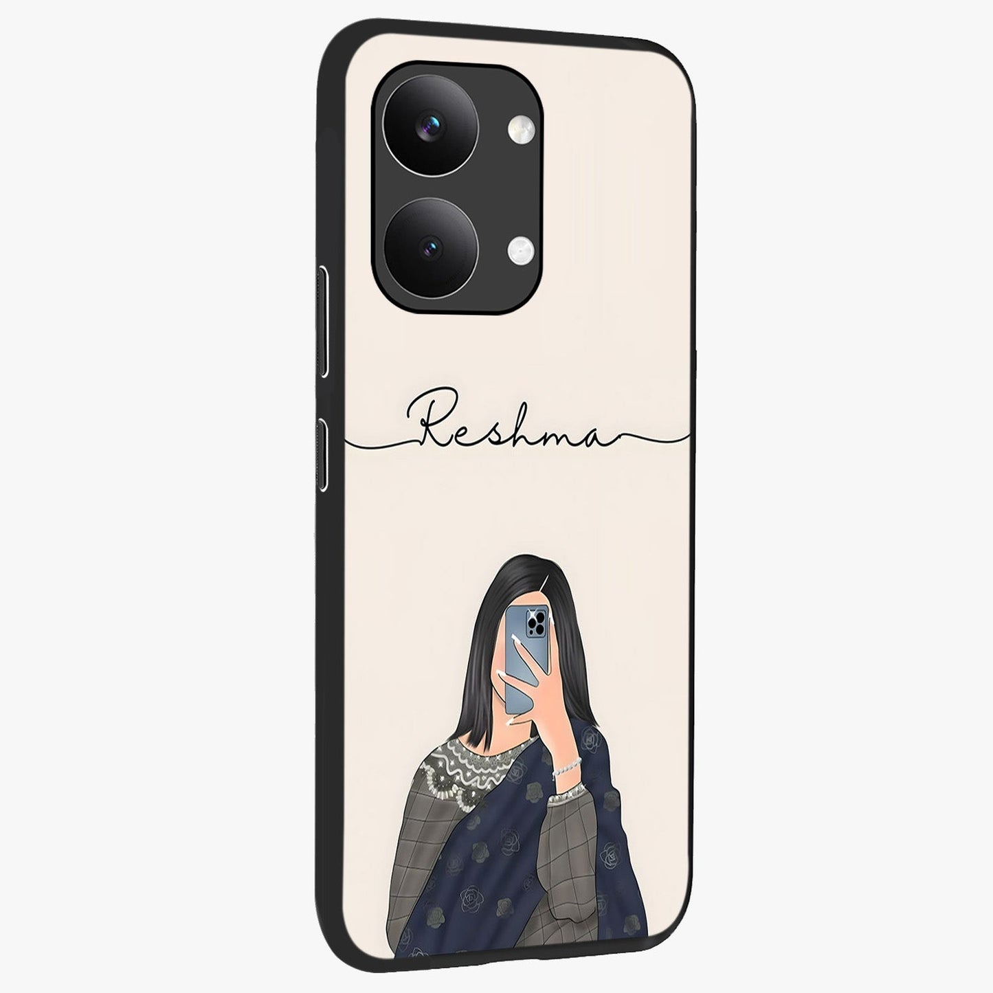 Mirror Mood Muse With Custom Name Glass Case upright view showcasing artistic mirror themed artwork with personalized aesthetic.