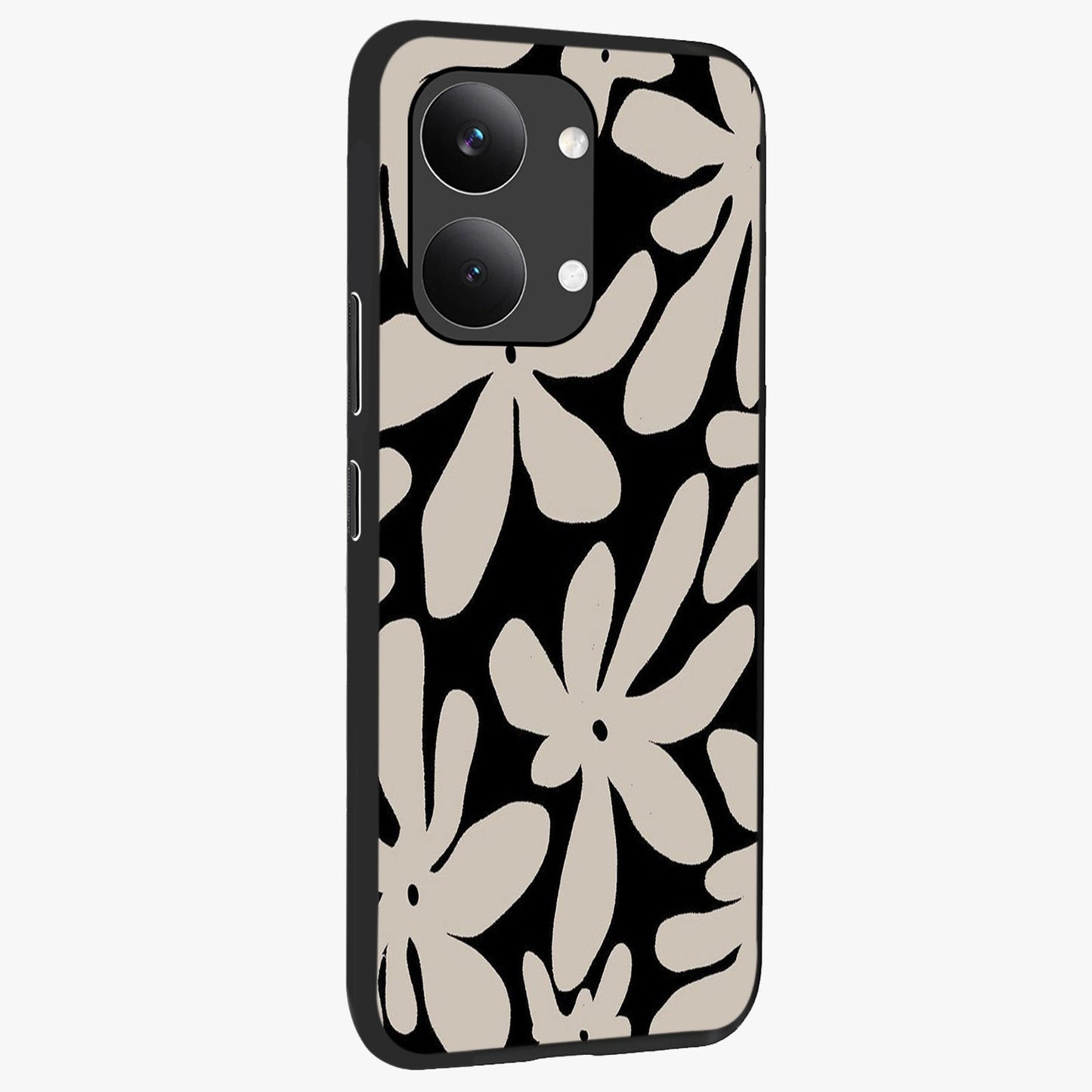 Monochrome Petal Dance Glass Case upright view showcasing artistic floral pattern with stylish monochrome theme.
