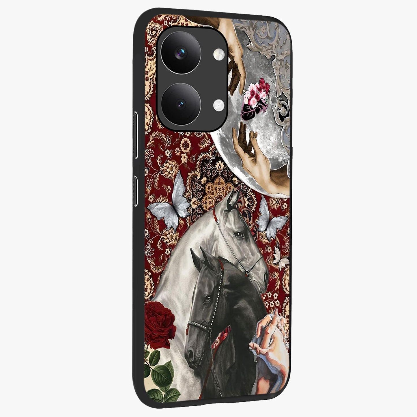 Moonlit Royal Stallion Glass Case upright view showcasing dramatic horse artwork with glowing moon themed design.