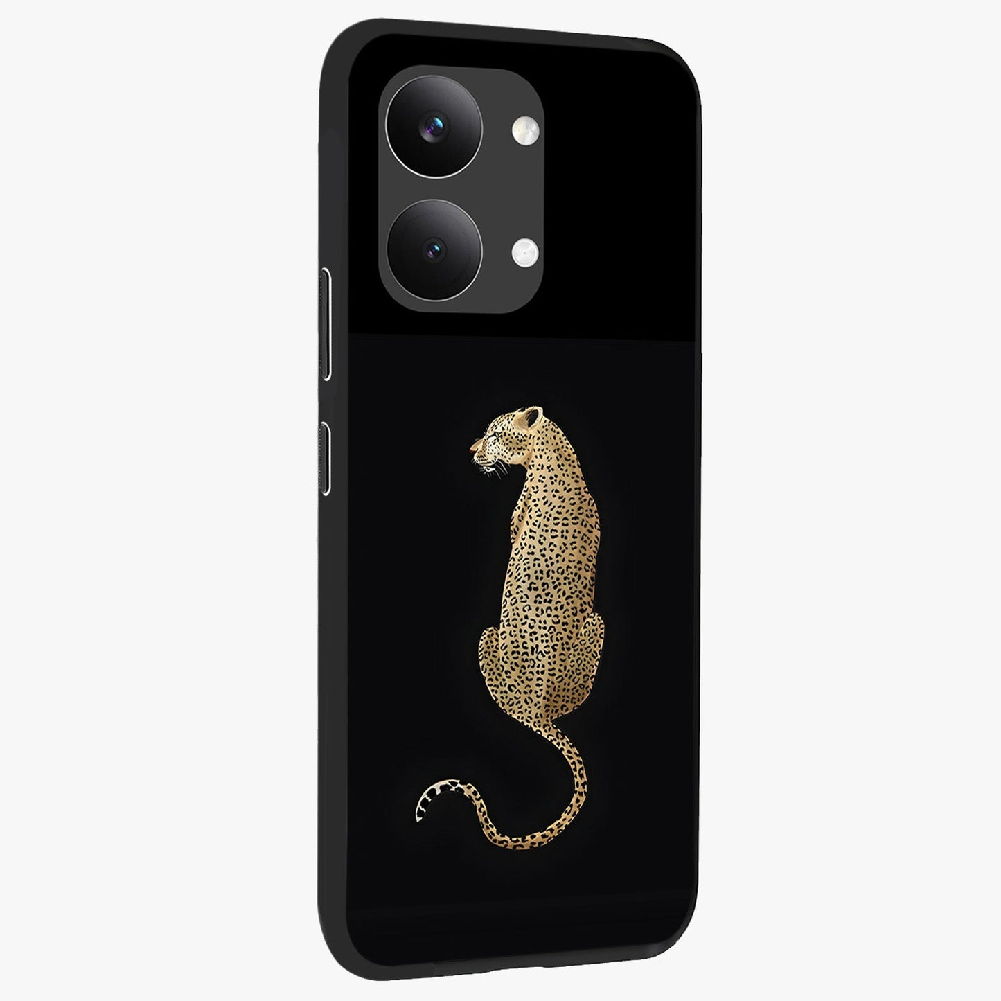 Regal Leopard Glass Case upright view showcasing striking leopard artwork with fierce wildlife theme.