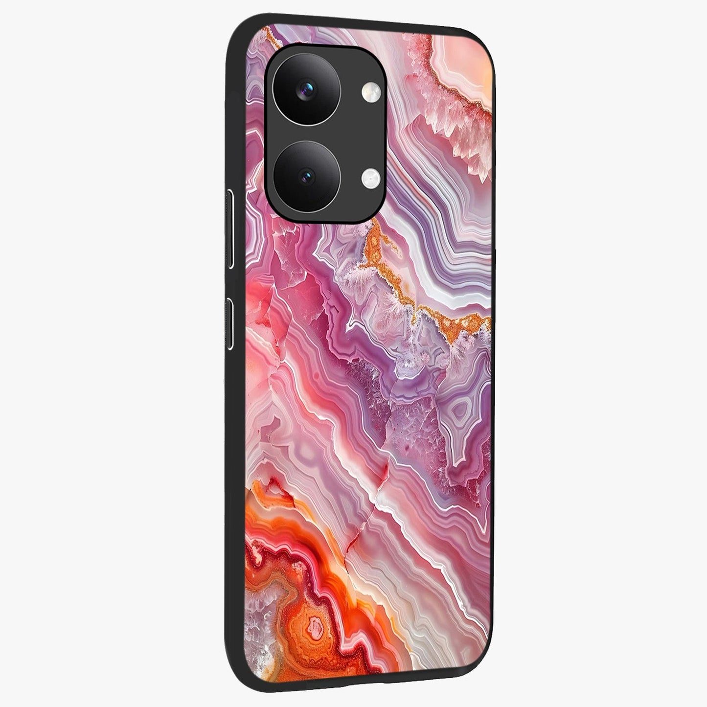 Rose Quartz Marble Glass Case upright view showcasing decorative marble artwork with luxurious pastel theme.