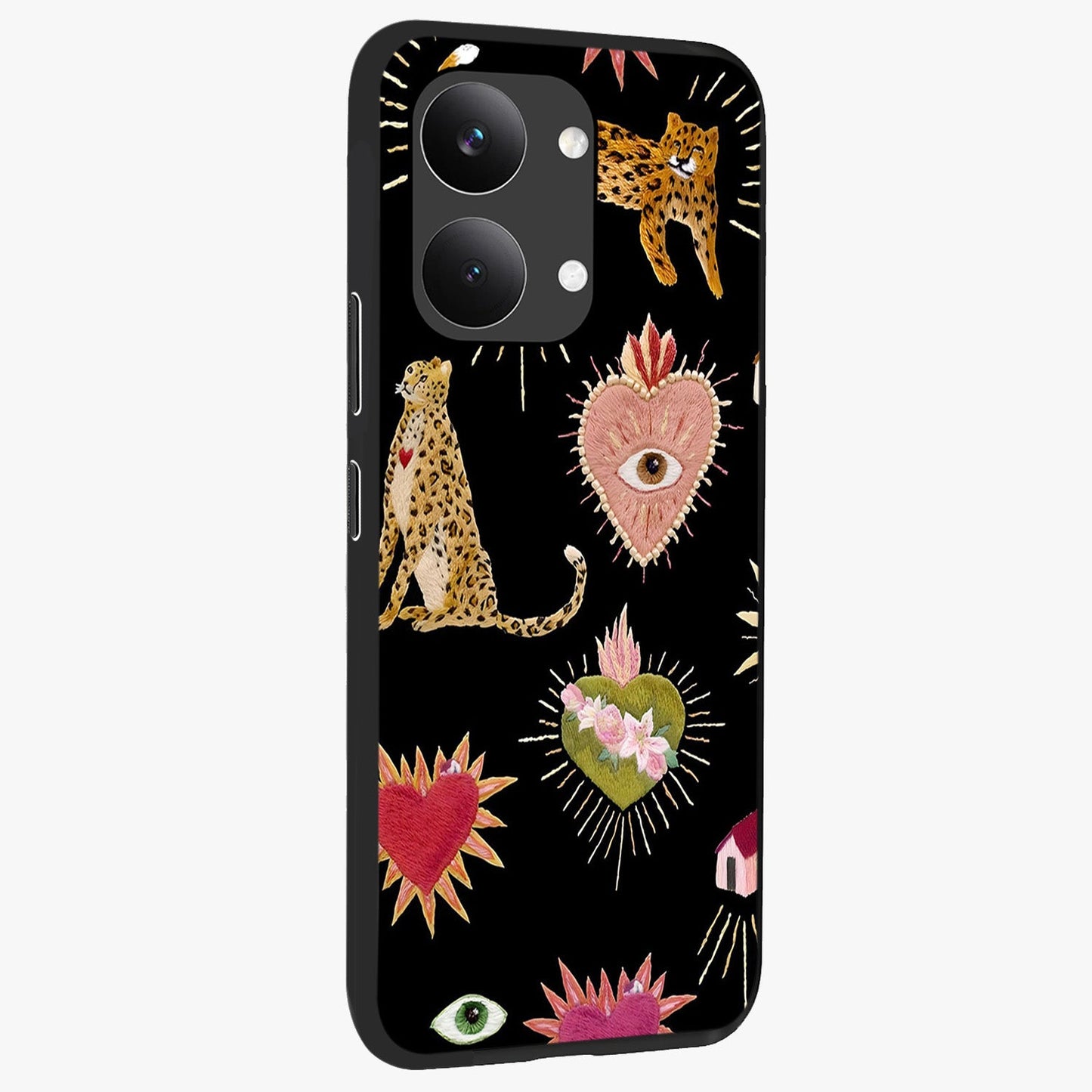Sacred Jungle Heart Glass Case upright view showcasing vibrant jungle artwork with symbolic heart theme.