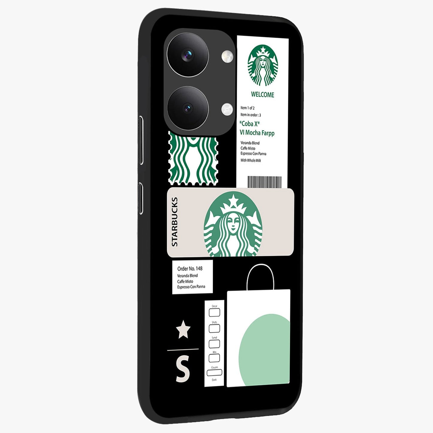 Starbucks Mocha Glass Case upright view showcasing trendy coffee inspired artwork with modern lifestyle theme.