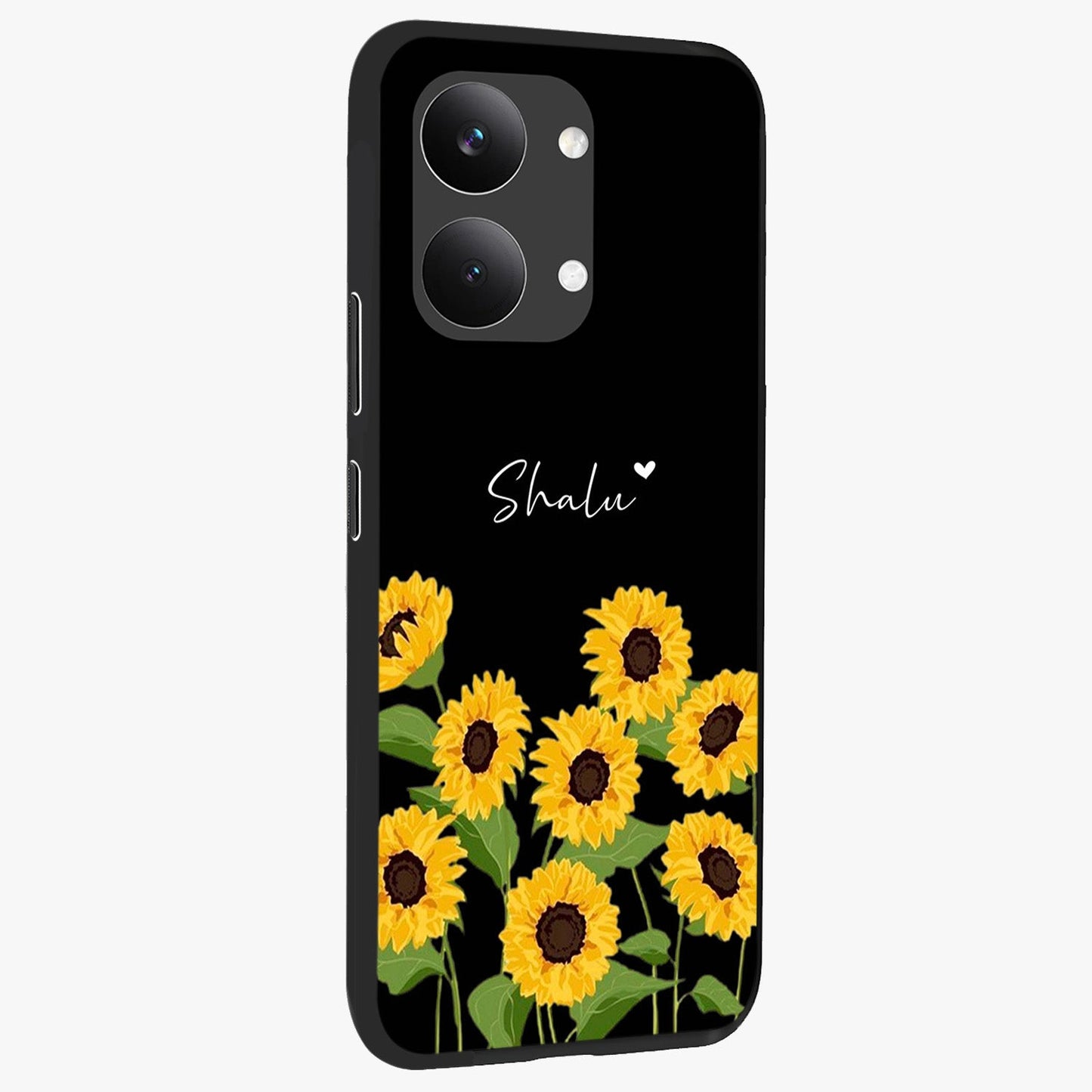 Sunflower Chic Mood Custom Name Glass Case upright view showcasing cheerful sunflower artwork with trendy floral theme.