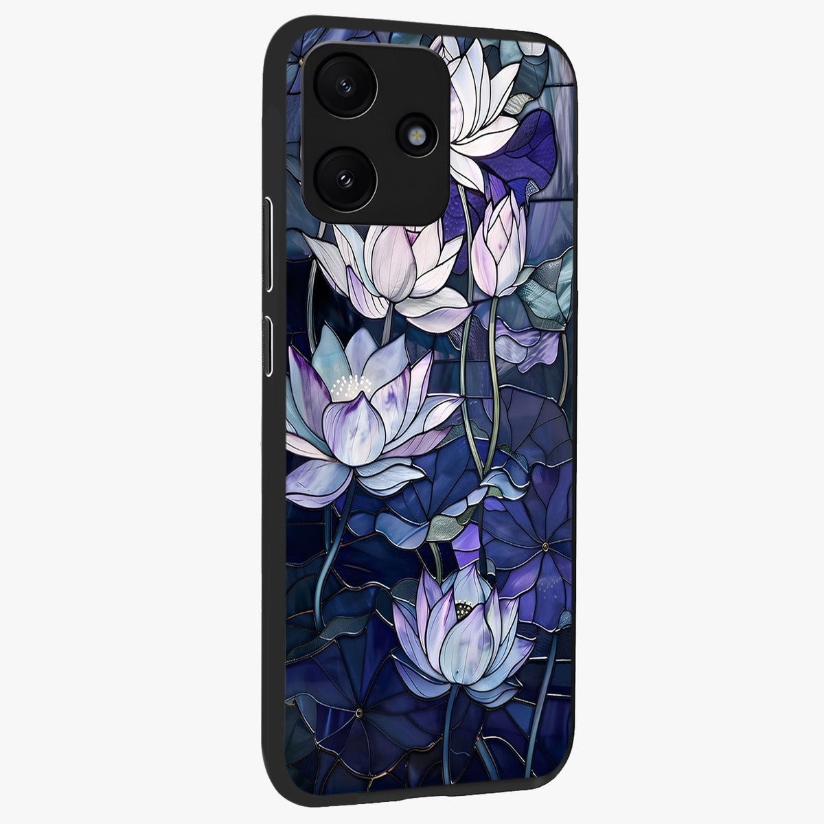 Gloss Petal Rush Glass Case upright view showcasing dynamic floral petal artwork with modern botanical theme.