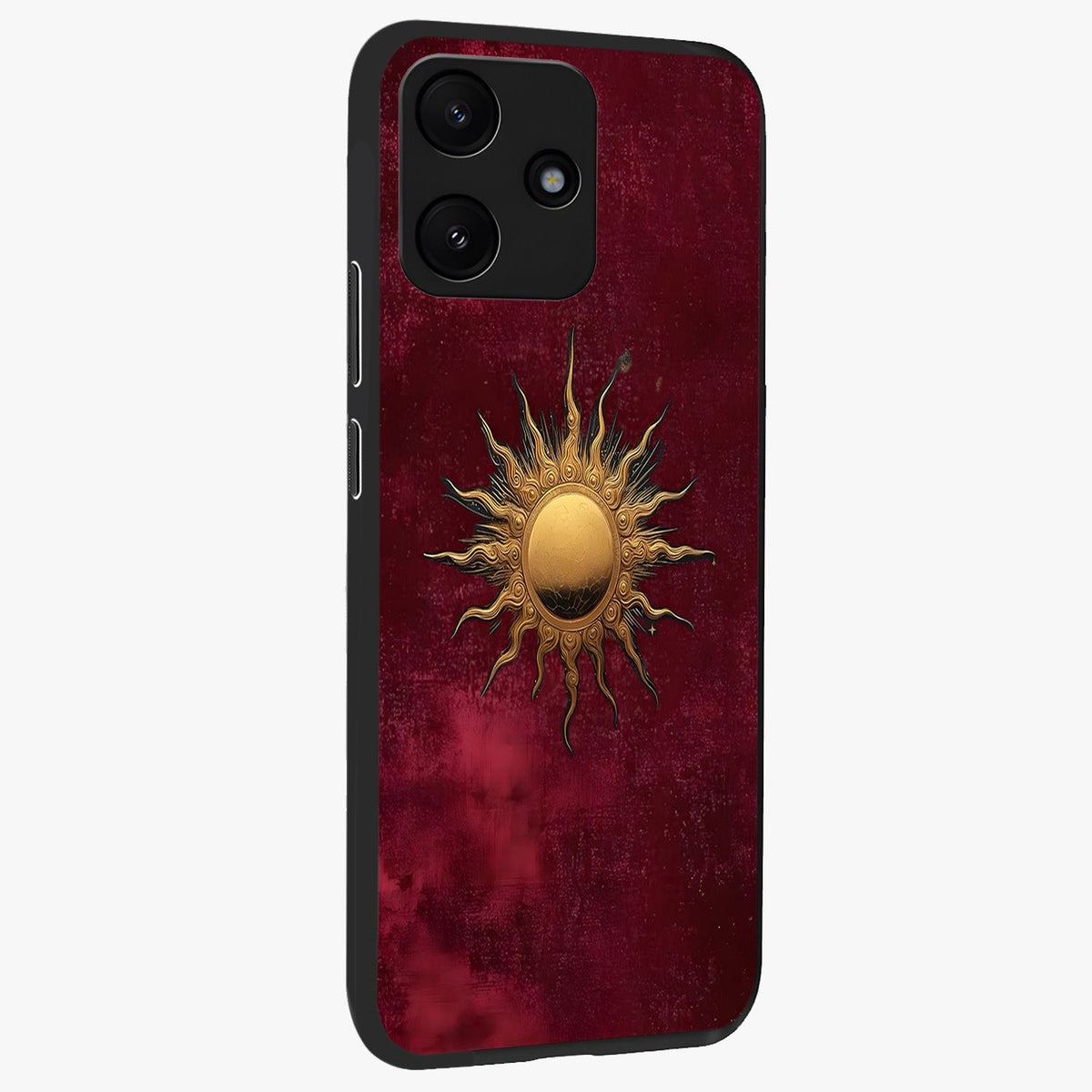 Golden Sun Minimalism Glass Case upright view showcasing simple golden sun artwork with elegant minimalist style.