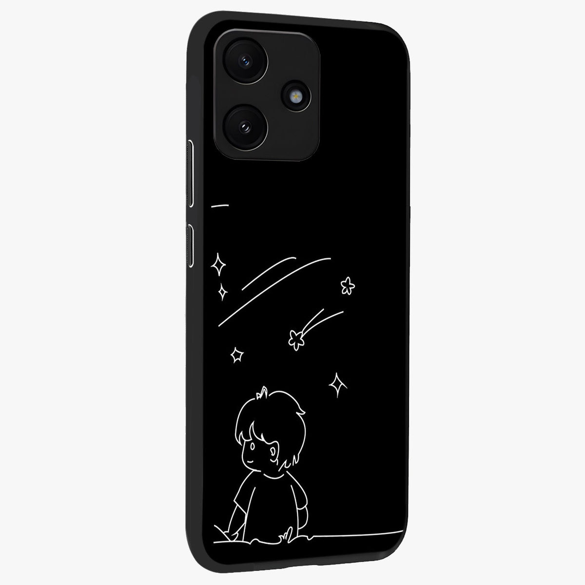 Line Art Boy With Shooting Stars Glass Case upright view showcasing artistic shooting star illustration with minimal style.