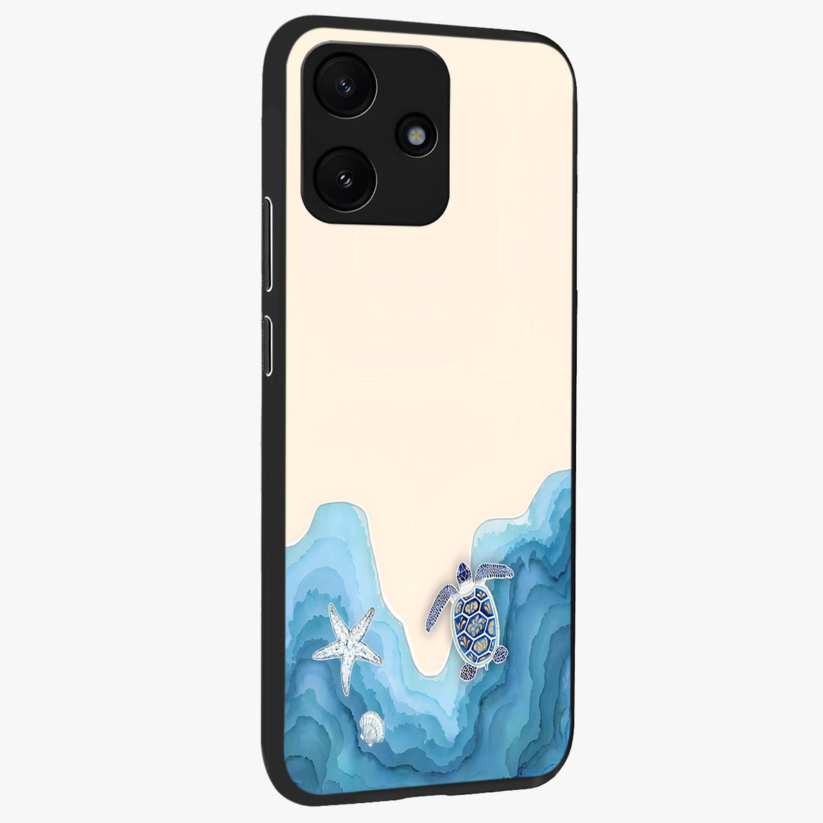 Ocean Drift Turtle Glass Case upright view showcasing calm underwater turtle artwork with nature inspired theme.